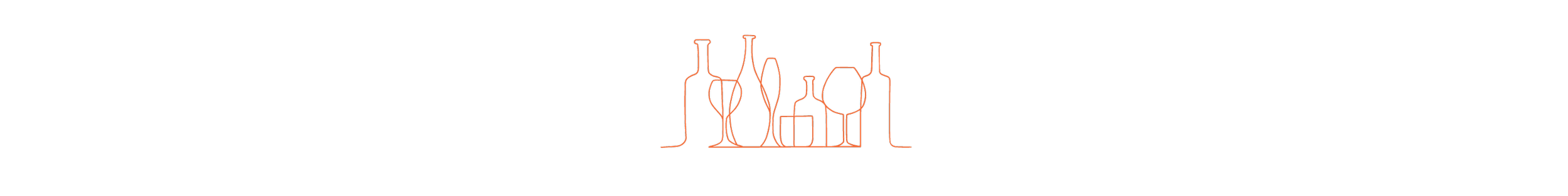 Orange artistic line drawing of wine glasses and bottles.