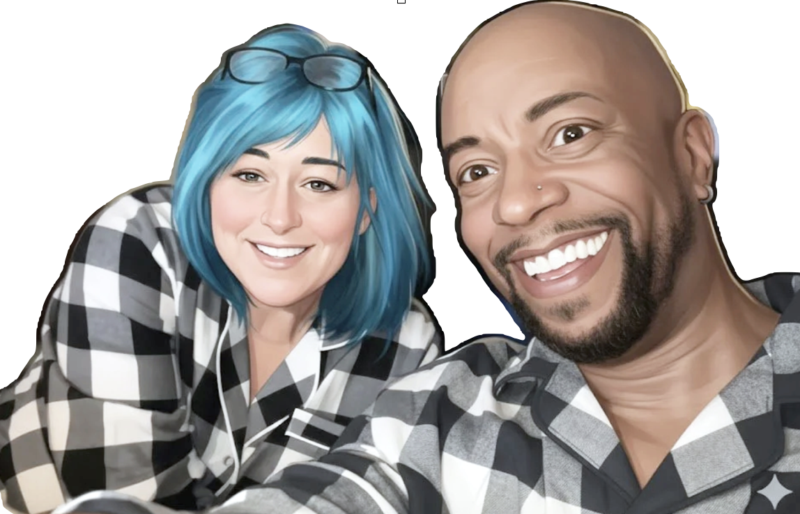 Lee and Sherry Patterson, twin flames in union who teach human being connection, smiling together in matching plaid