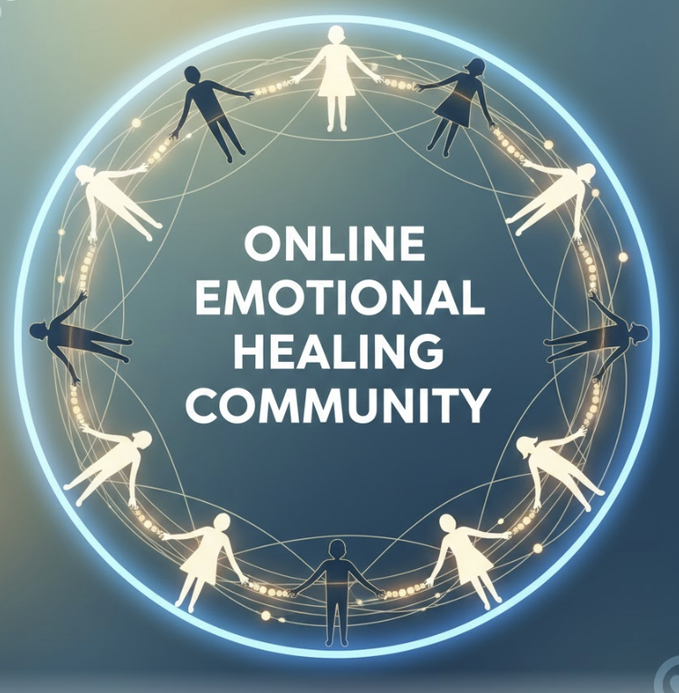 Circled group of human figures holding hands with text in the center that reads 'Online Emotional Healing Community'.