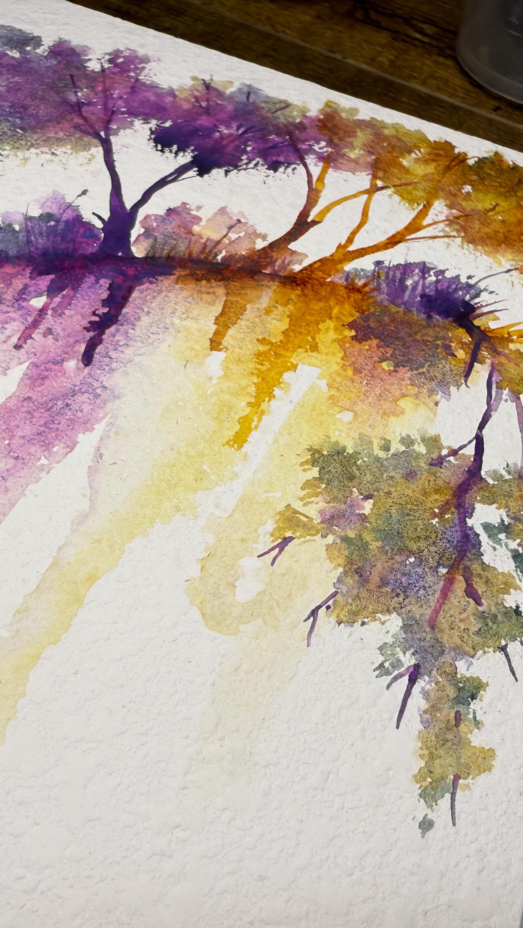 Having fun today playing with a new 3 color palette and new surfaces :) The texture on this watercolor birch painting panel from @stlartsupply works great with granulating colors :). Just need to be patient with water color for this surface. #waterc