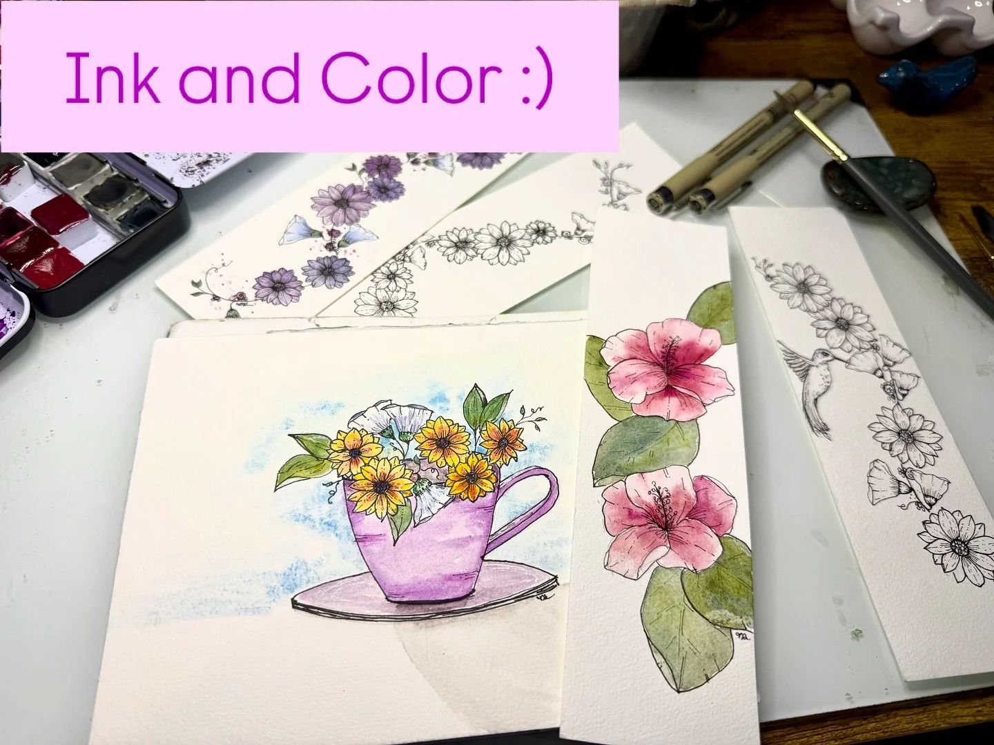 While I was away from my studio, it was easy to do ink sketches, then add color once I was back with my pallets :). New bookmarks and small original art will be available at some upcoming fall shows and on my website :) #watercolor #watercolorflowers