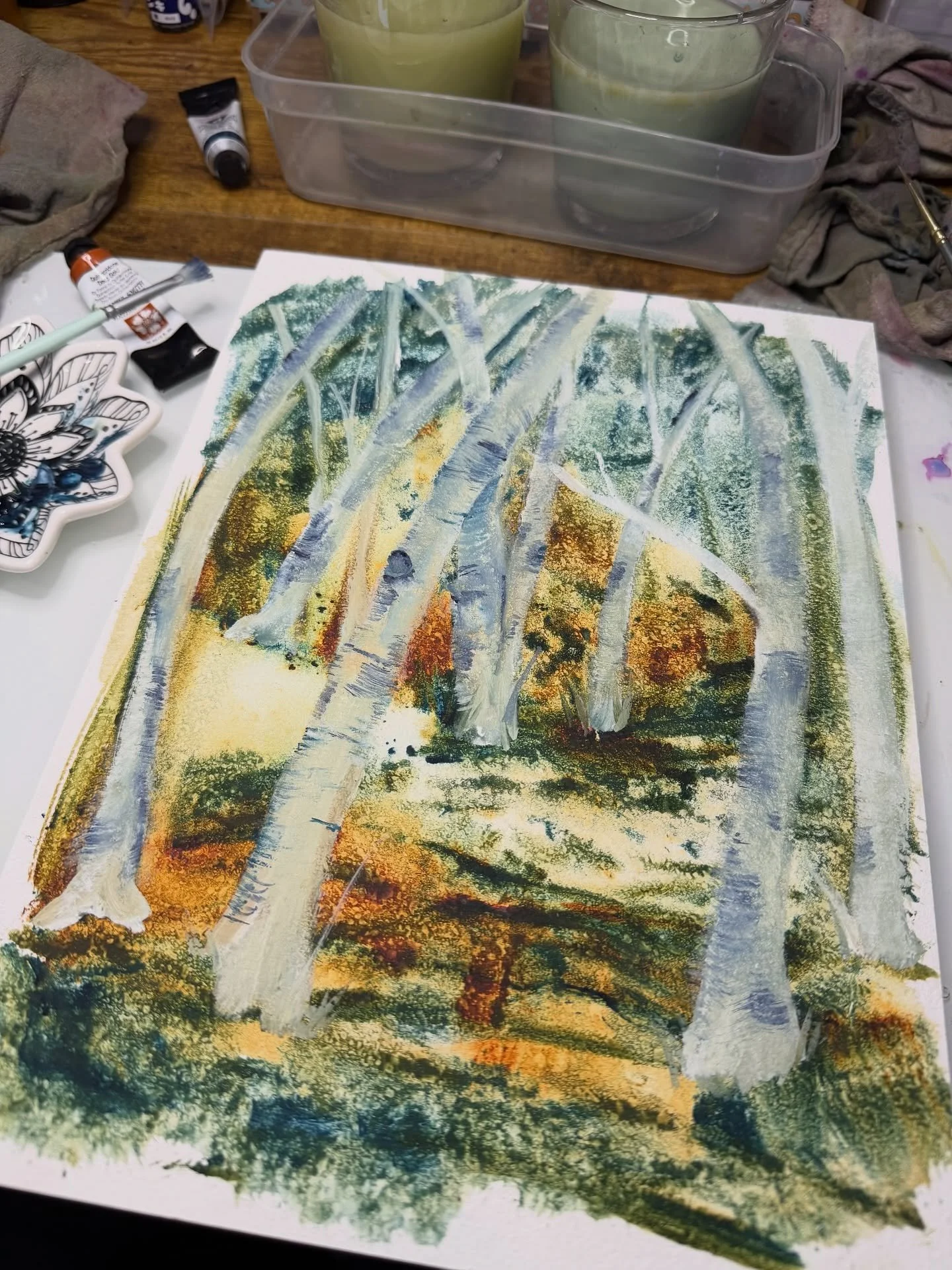 Having fun with a #workinprogress &hellip; #watercolor and #gouache on birch panel. Leaning into the rich colors of a #newenglandfall :)