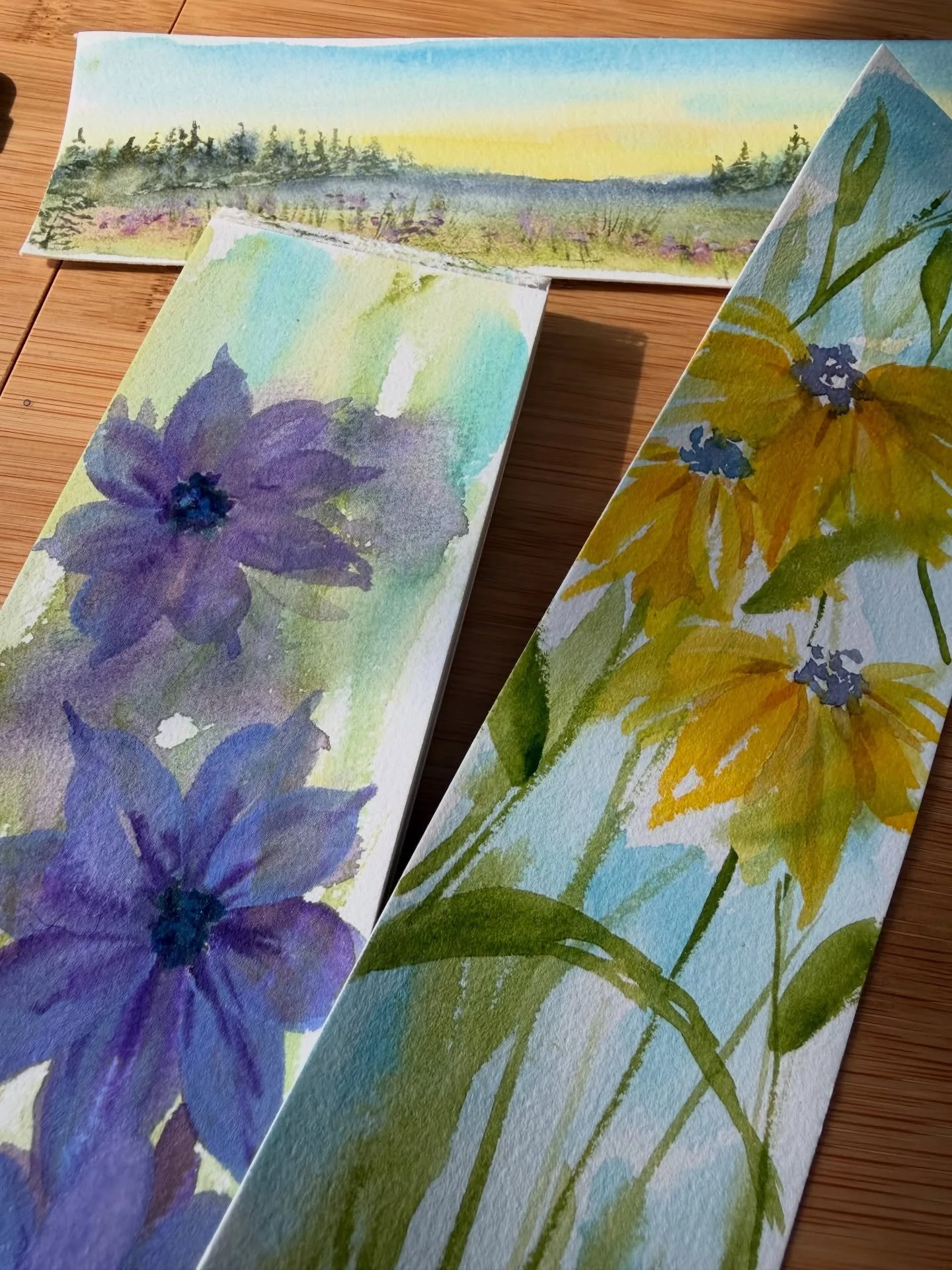 When traveling, I tend to catch up on original bookmarks :). Inspired by warm yellows, purples and blues right now.  Original cards and bookmarks will be available in a new location starting in March&hellip; more to come :). #watercolorflowers #water