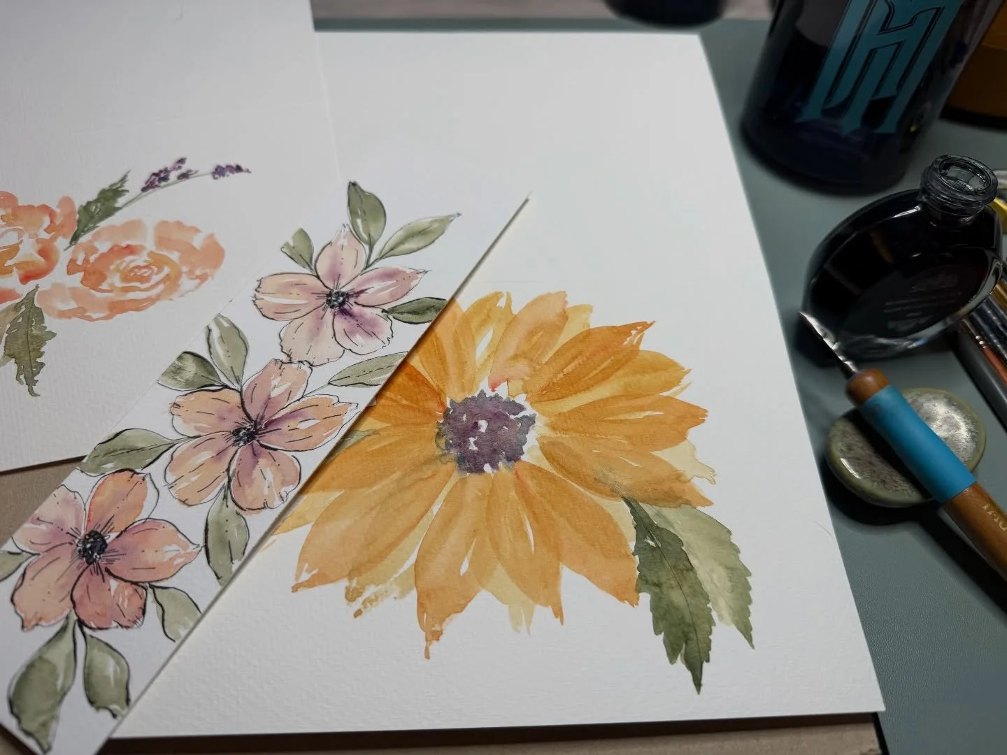 The pending blizzard makes it hard to be in the studio, but I can still bring a little brightness with some travel supplies and a dip pen I brought inside :) #watercolor #watercolorartwork #watercolorcards #dippendrawing #watercolorflowers