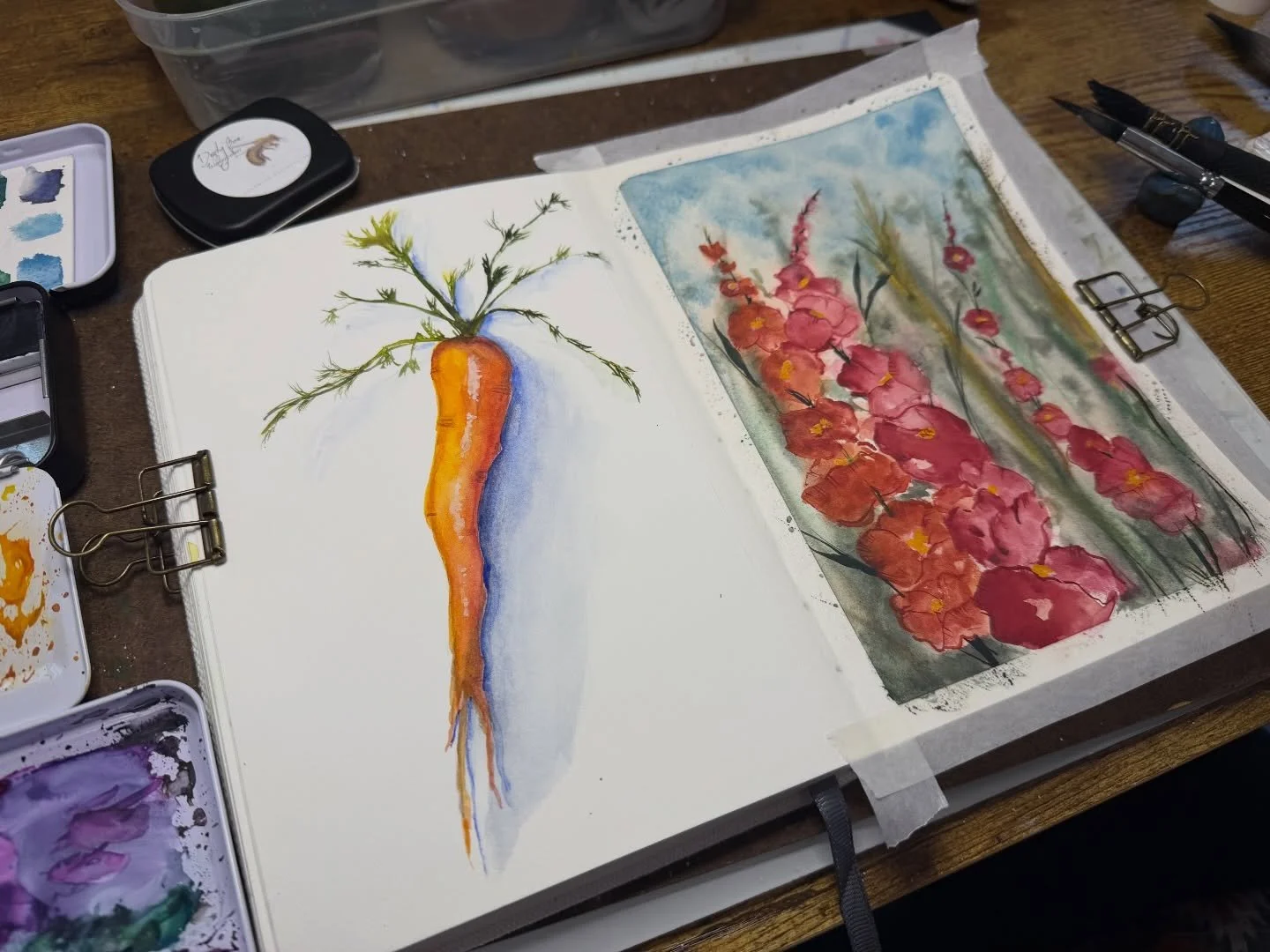 Some morning spring #watercolorjournal work inspired by @letsgomakeart &lsquo;s journaling course :) Felt good to just play with colors and accept water is gonna do what it&rsquo;s going do ;) #gowiththewatercolorflow #arthealstheheart