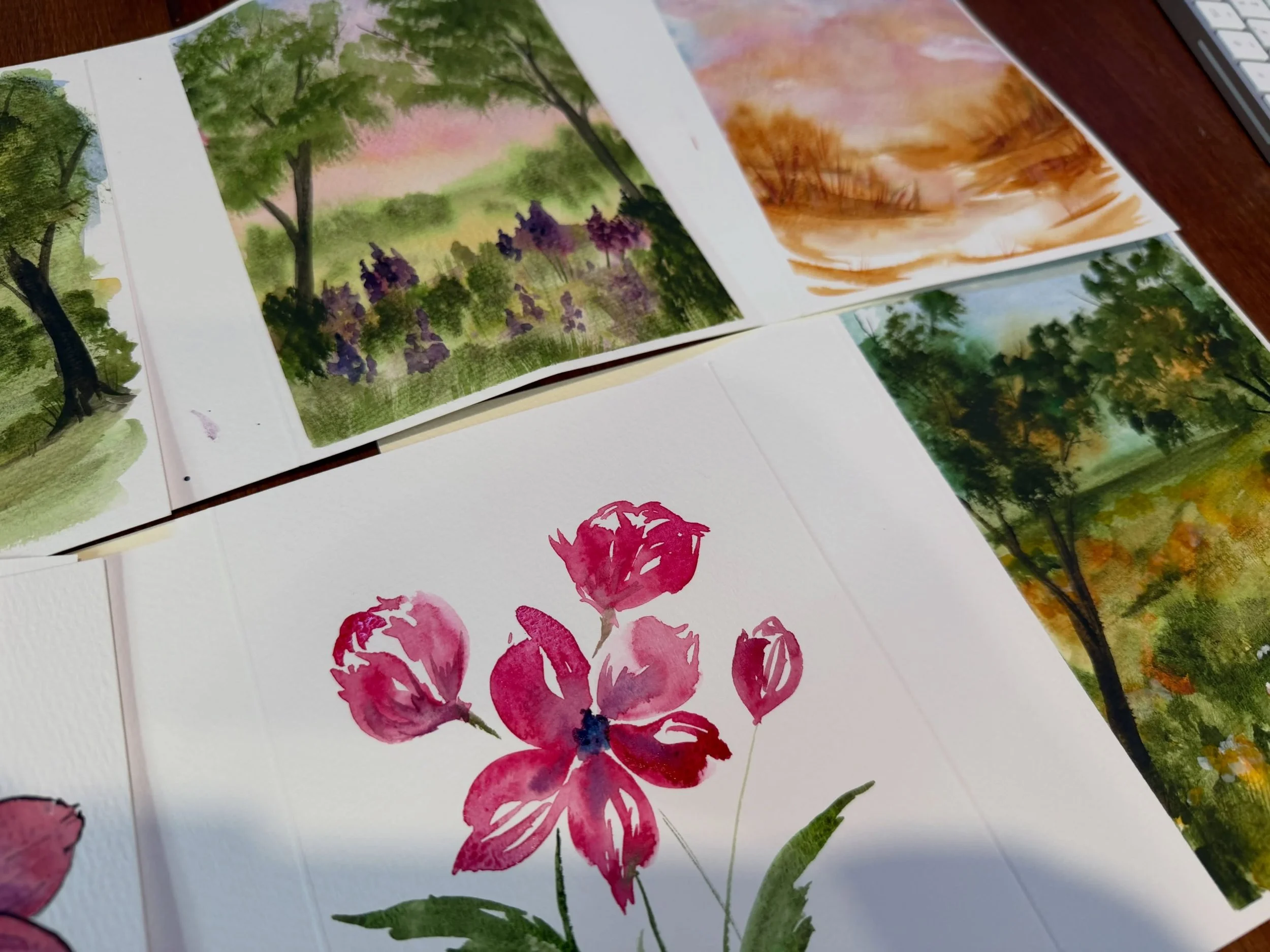 Enjoying all the rich colors of spring and early summer with some original art work on cards today :) these all will be available at the @sudburyartassociation #springartfair next weekend :). #localart #localbusiness #watercolorartist #watercolorart
