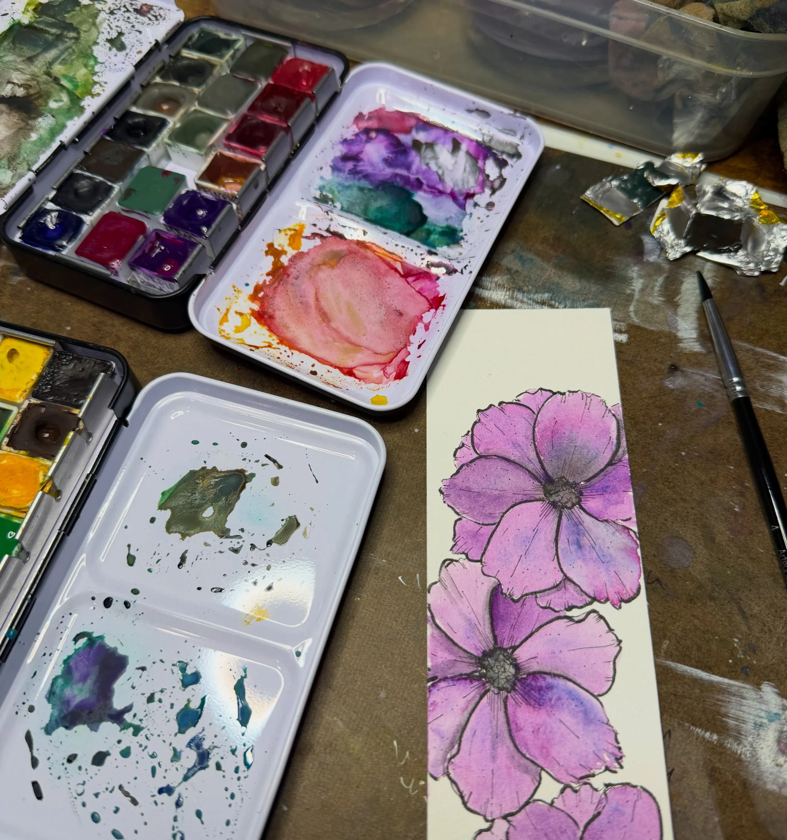 Sometimes it&rsquo;s fun to just be inspired by a watercolor :) (do love how @dustybeewatercolors purple galaxy granulates!!) more bookmarks in progress for the @sudburyartassociation #springartfair next weekend! 

#watercolorflorals #watercolorbookm