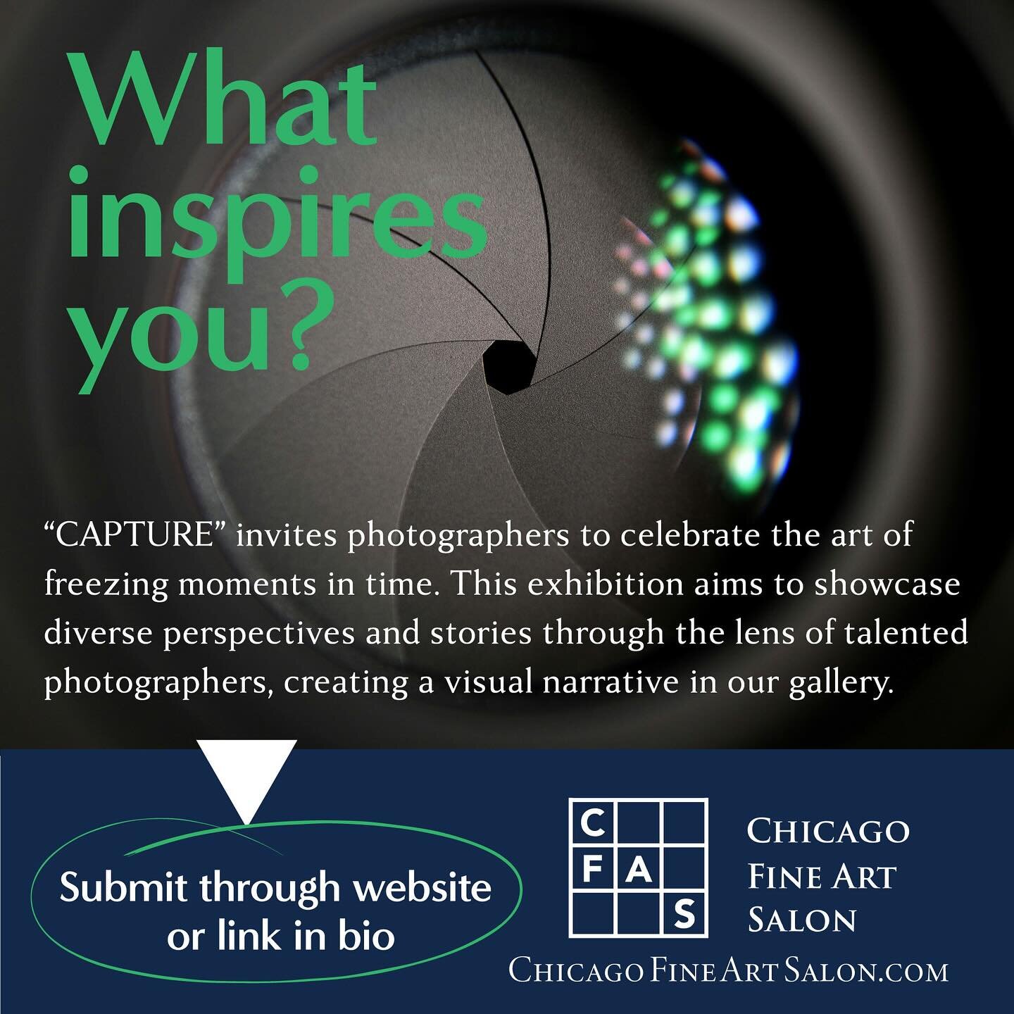 Some more information about CAPTURE! 📸

What inspires you as a photographer? Submit a photographic work or a series of work for our Photography show today! As a local Chicago Gallery, we want to give a chance to anyone who wants to present in a prof