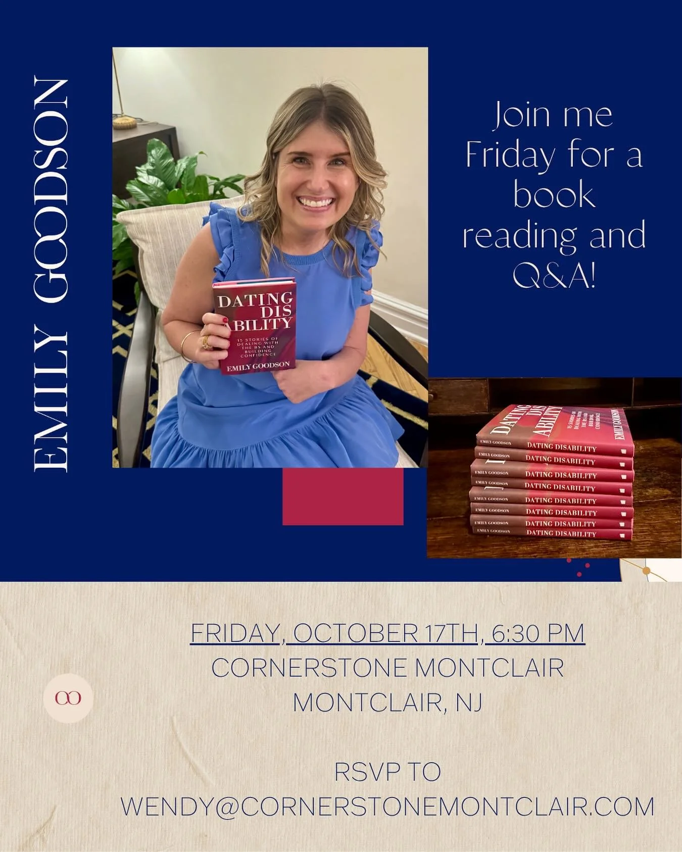 See you Friday, Montclair! Join me for a book reading at the cutest store ever, @cornerstonegeneralstore!

#booksbooksbooks #datingdisability #authors #montclairnj