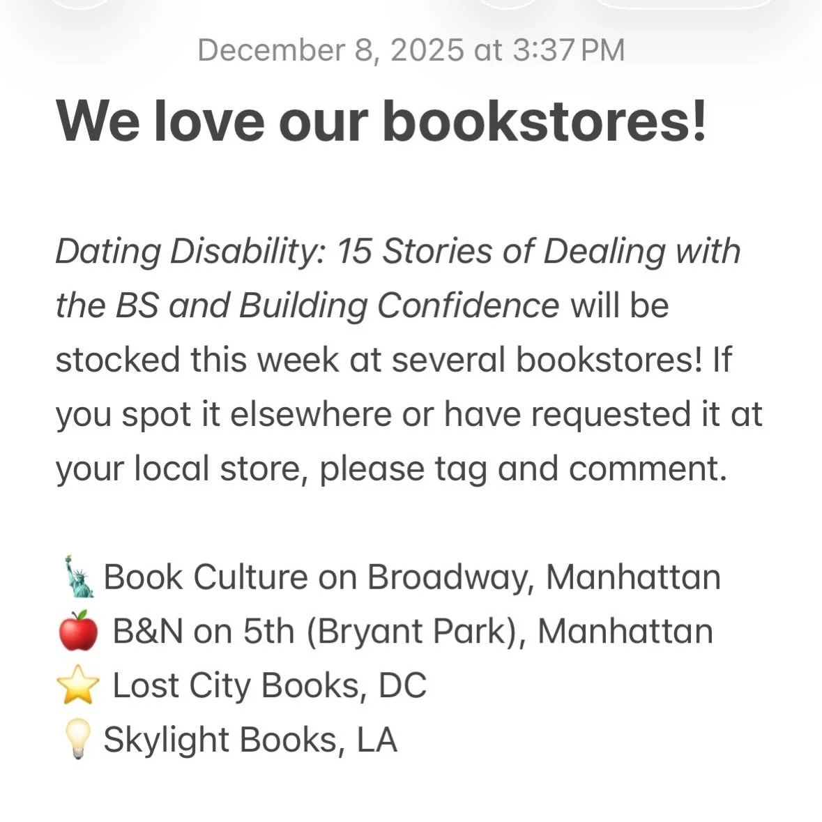 I can&rsquo;t wait to stop in @bnfifthavenue and @bookculture this week! Let me know where you&rsquo;re shopping for Dating Disability this holiday season!