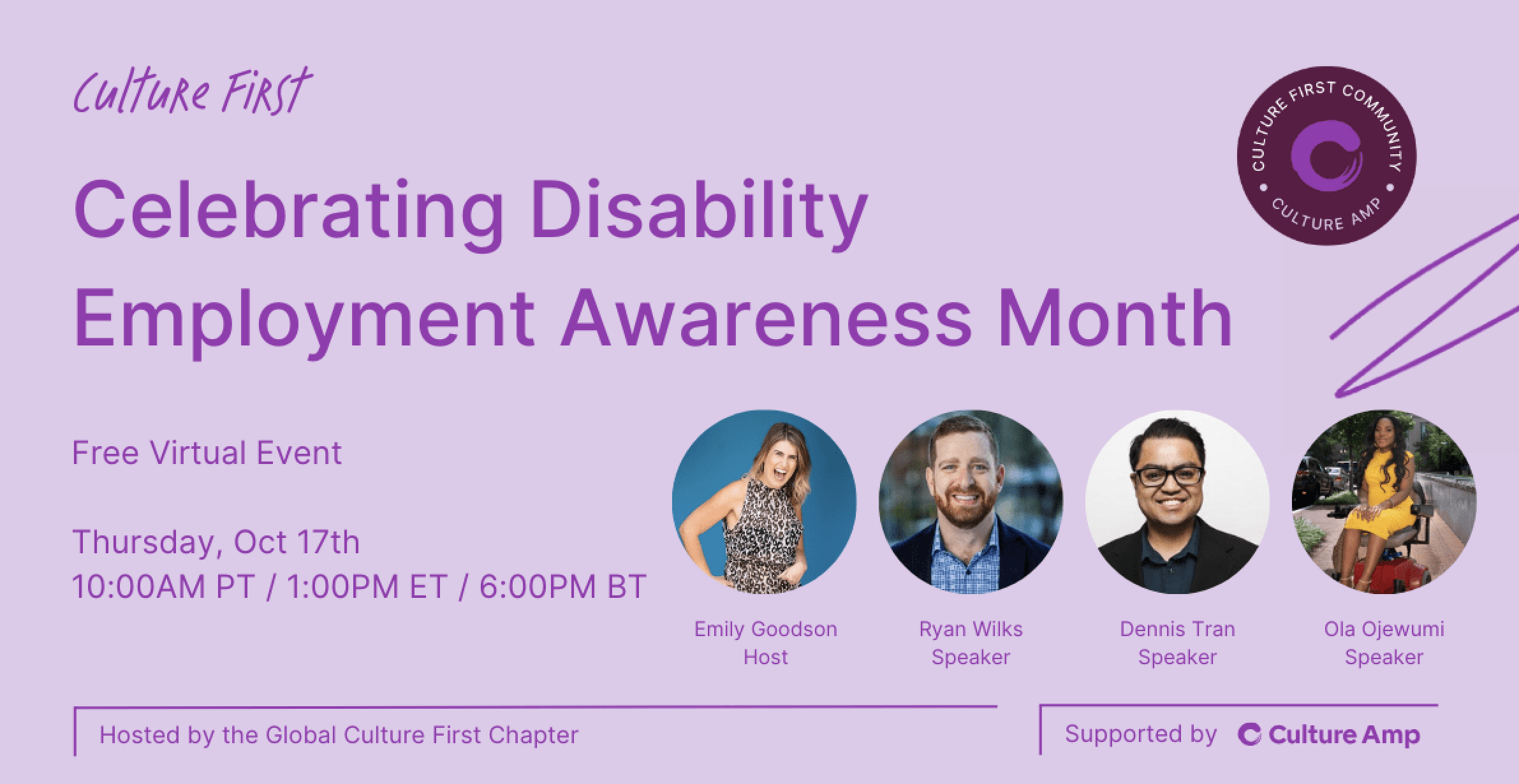 Purple-colored digital flyer for a virtual event celebrating Disability Employment Awareness Month, featuring headshots of four speakers and hosts, with event details including date, time, and hosts' names, hosted by the Global Culture First Chapter and supported by Culture Amp.