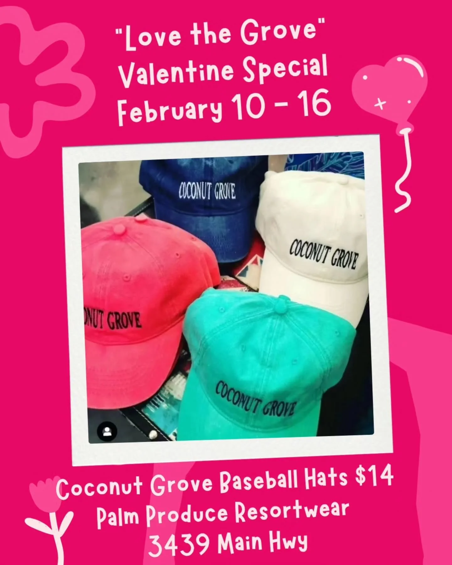 "L❤️VE THE GROVE" is on!! 

We are pleased to one of 14 local Coconut Grove businesses extending our L❤️VE to you with a fun "14" special!!

Stop in our #coconutgrove location &amp; scoop up your own CG baseball hat 🧢 for...you g