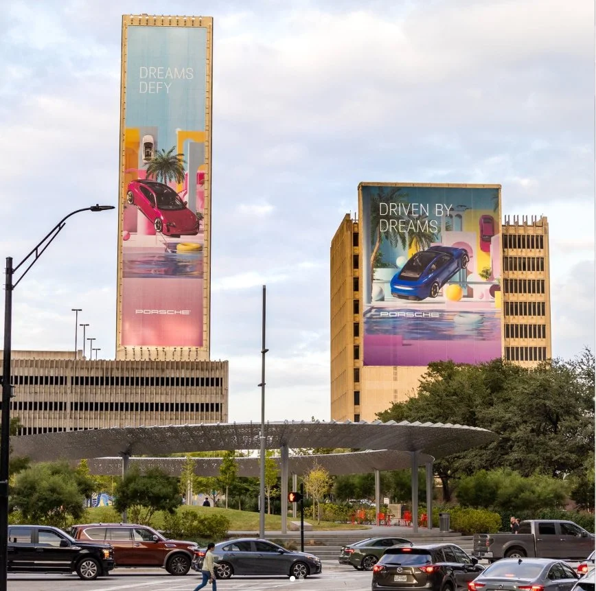 Two large billboards on tall buildings large digital billboard, wall mount billboard, billboard, billboard upgrade, LED billboard, wood pole billboard, OOH, custom billboard, digital billboard