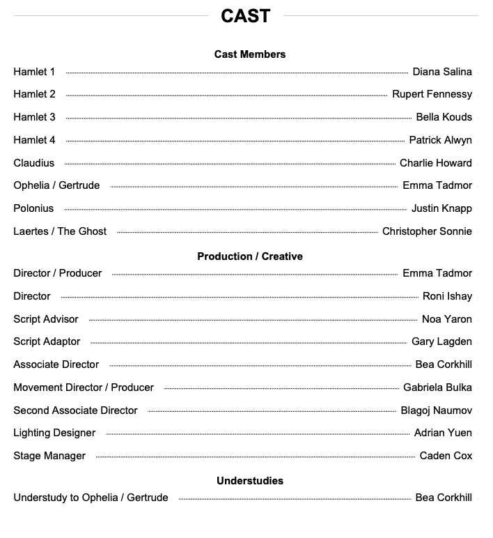 Cast list and crew credits for a production, including roles such as cast members, directors, script advisors, and stage manager.