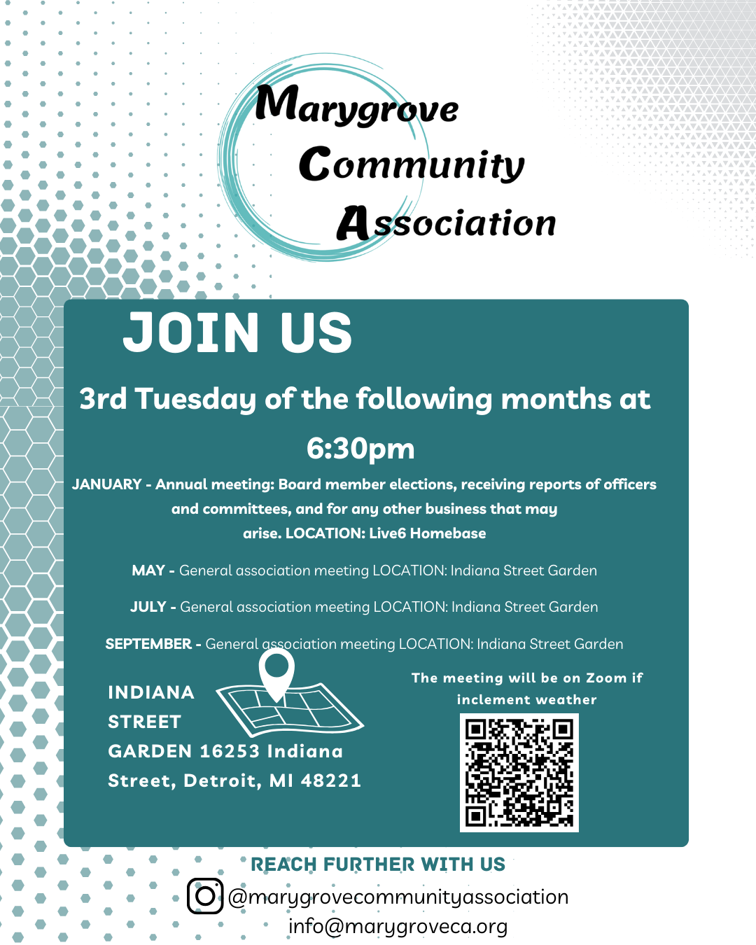 Flyer for Marygrove Community Association, detailing monthly meeting dates, times, locations, and contact information, with a QR code for virtual meeting access.