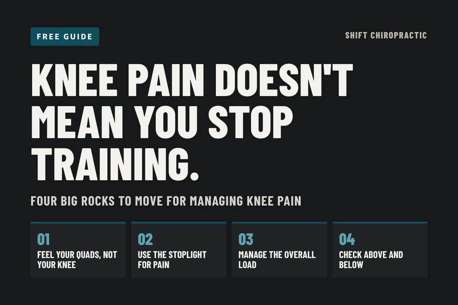 Free knee pain guide cover: Knee pain doesn't mean you stop training. Four big rocks to move for managing knee pain.