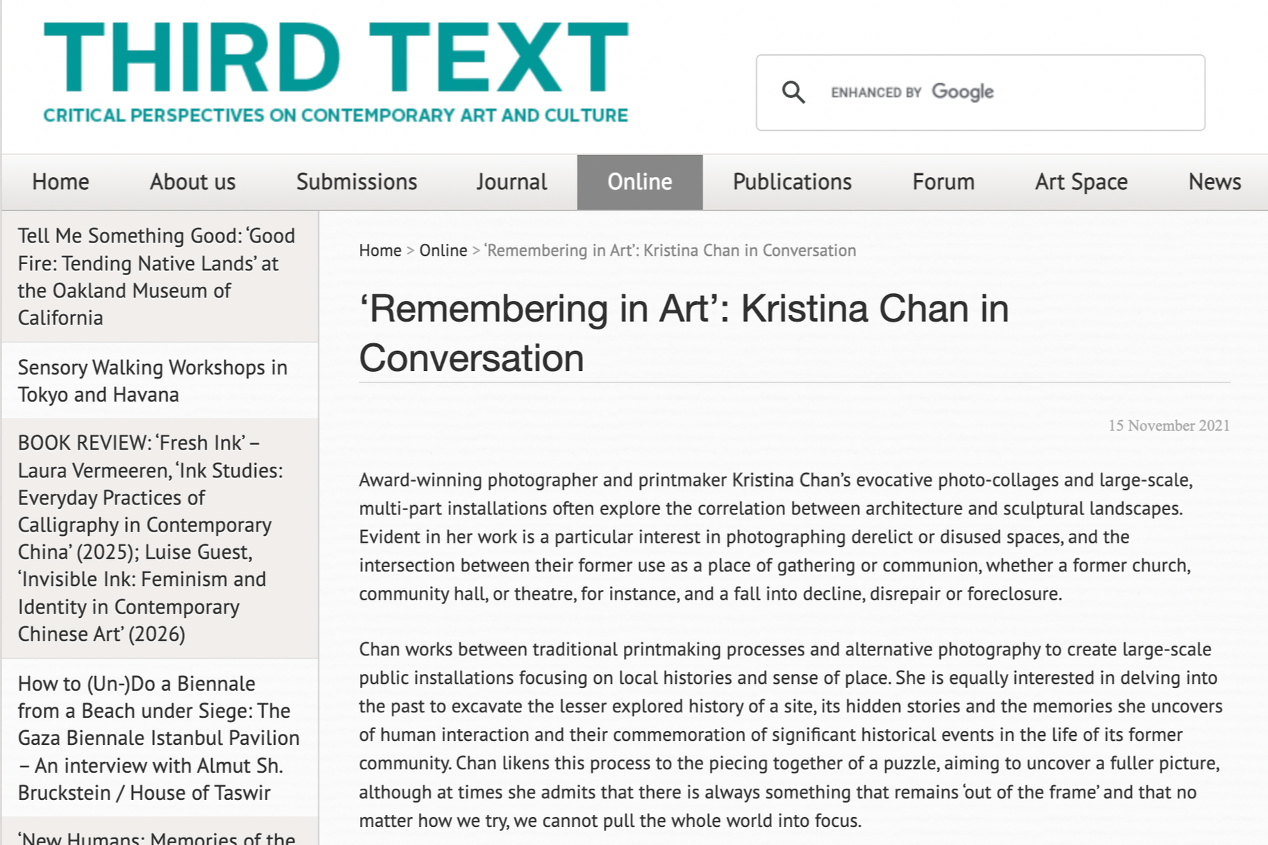 Third Text, Interview with Kristina Chan and Pamela Kember