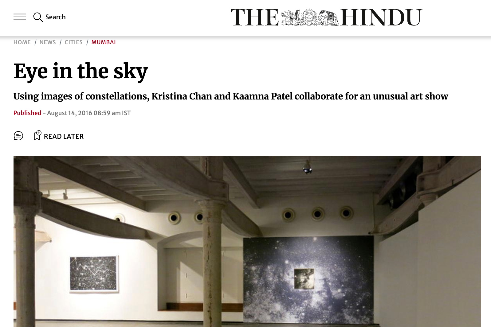 Asterism exhibition featured in The Hindu, India.
