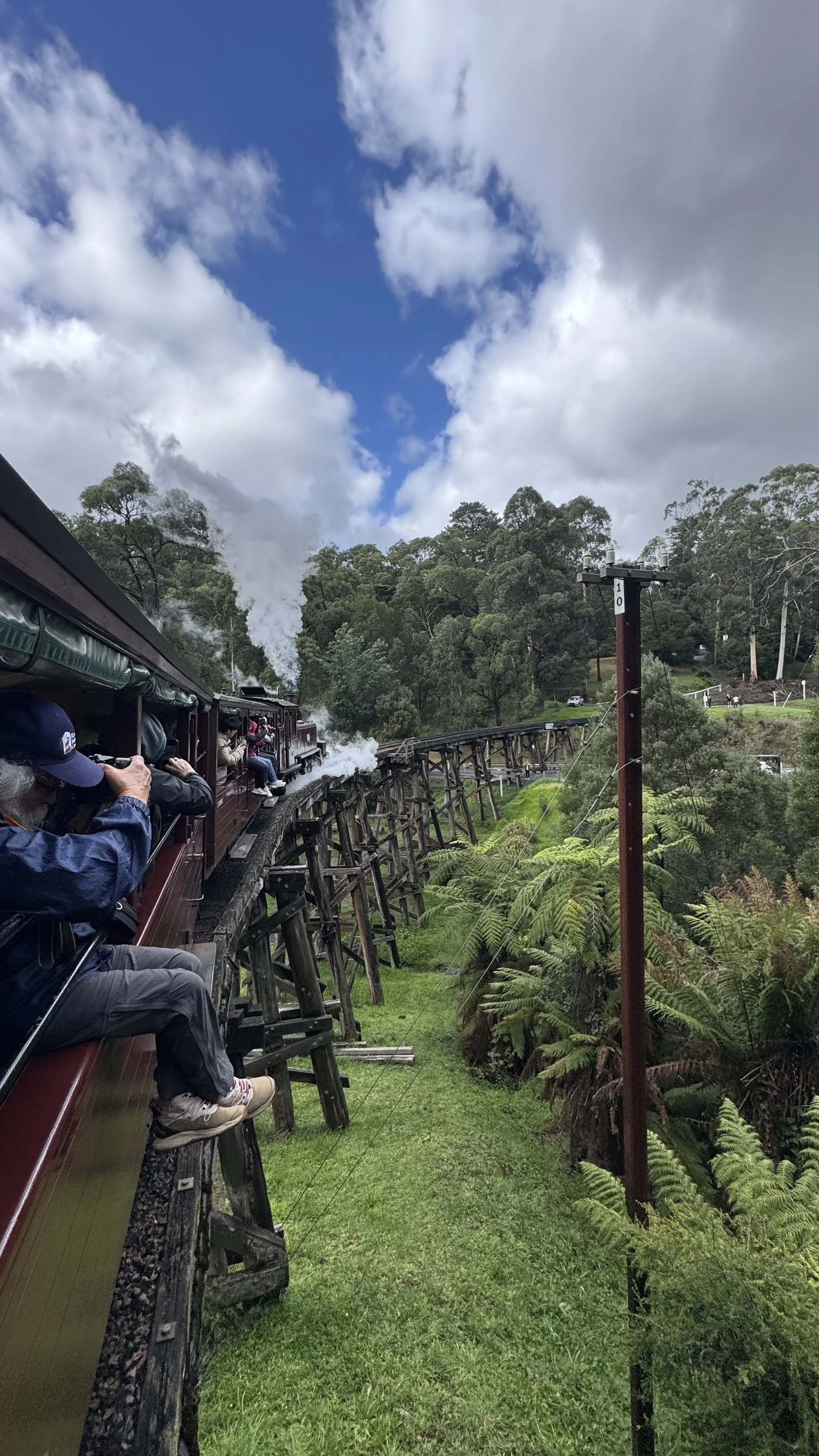 A vintage train with passengers on the open-air carriages runs along a wooden track through a lush, green landscape with trees and bushes, under a partly cloudy sky with blue and white clouds.