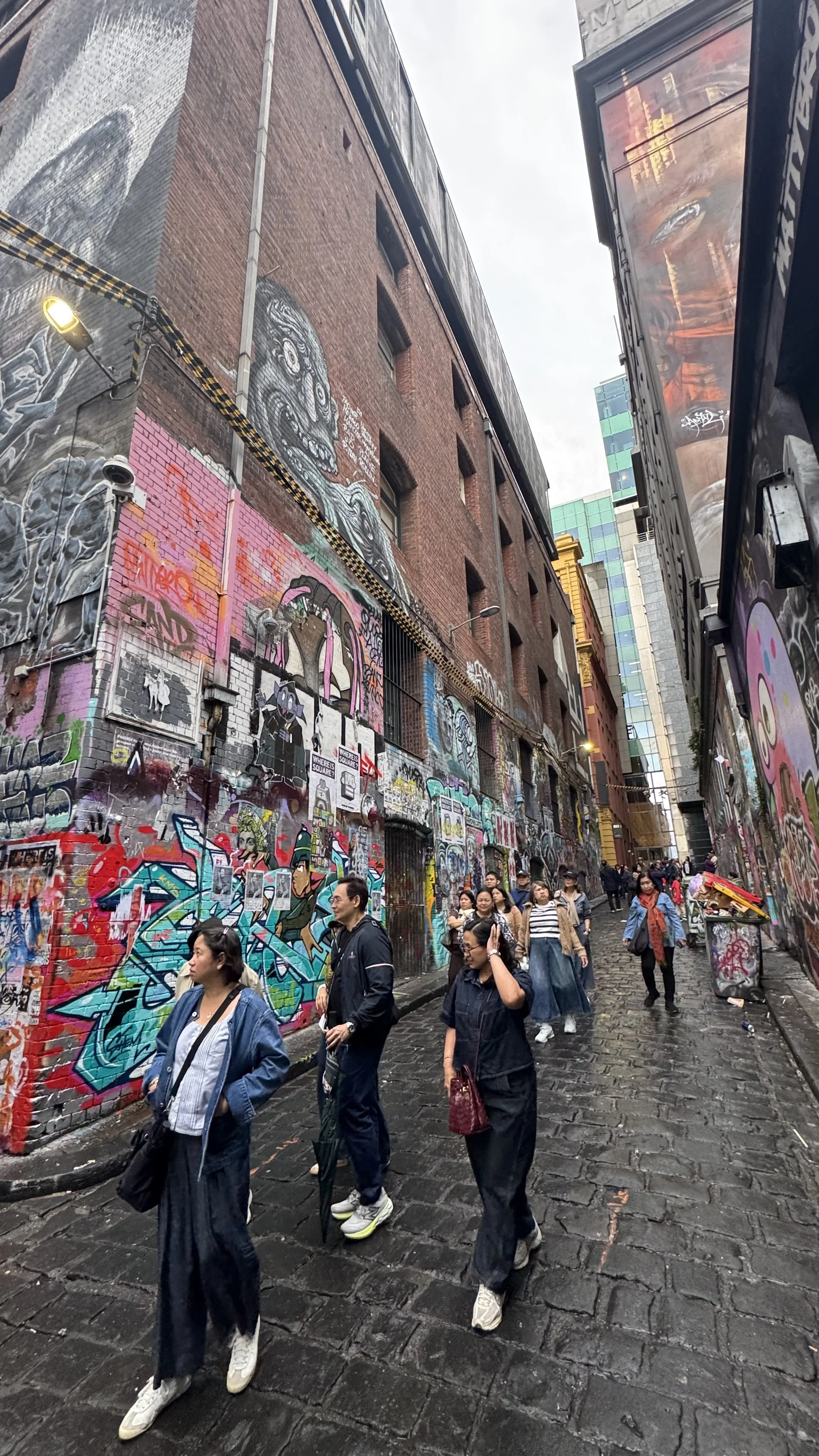 People walking down a narrow, graffiti-covered alleyway with brick buildings and street art on the walls.