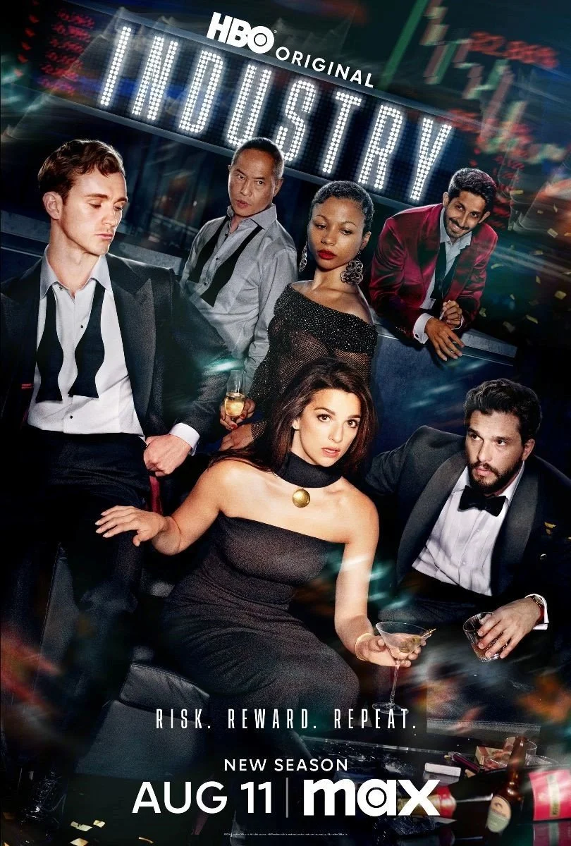 Poster for HBO original series "Industry" featuring six diverse people dressed in formal attire at a glamorous party, with bright lighting and a cityscape background. The show premieres on August 11 on Max.