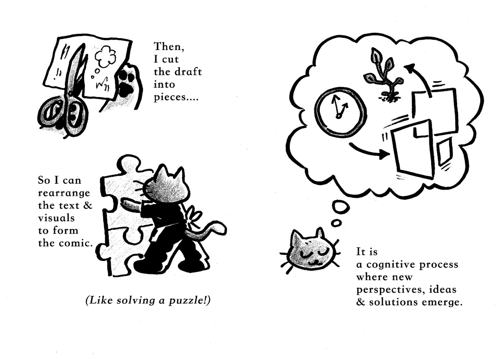 Figure 5. cat ko, Reflection (page 5), 2025, mixed media, 210 × 297mm (spread).