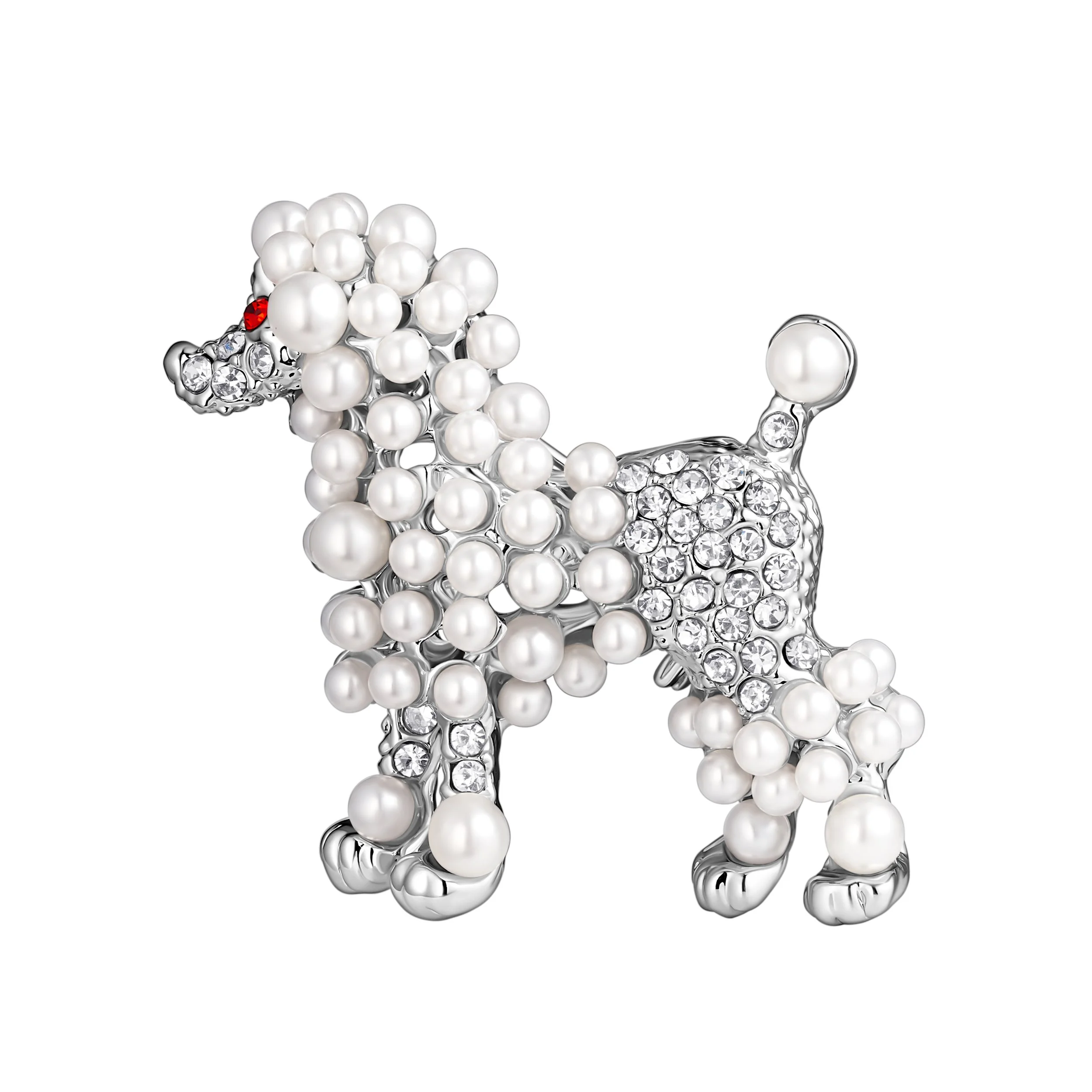 Pearl & Rhinestone Poodle Silver Brooch