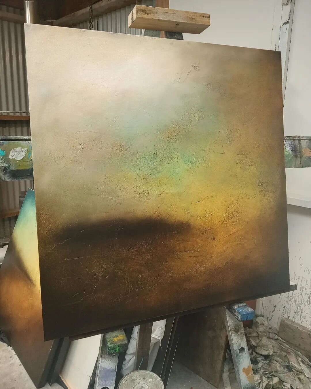 On the easel today, something a little softer, these beautiful colours have been burnished into the gesso. The layers of paint were brushed on and ragged off. Feathered with a super fine golden flat brush. It reminds me of weathered leather, it just 