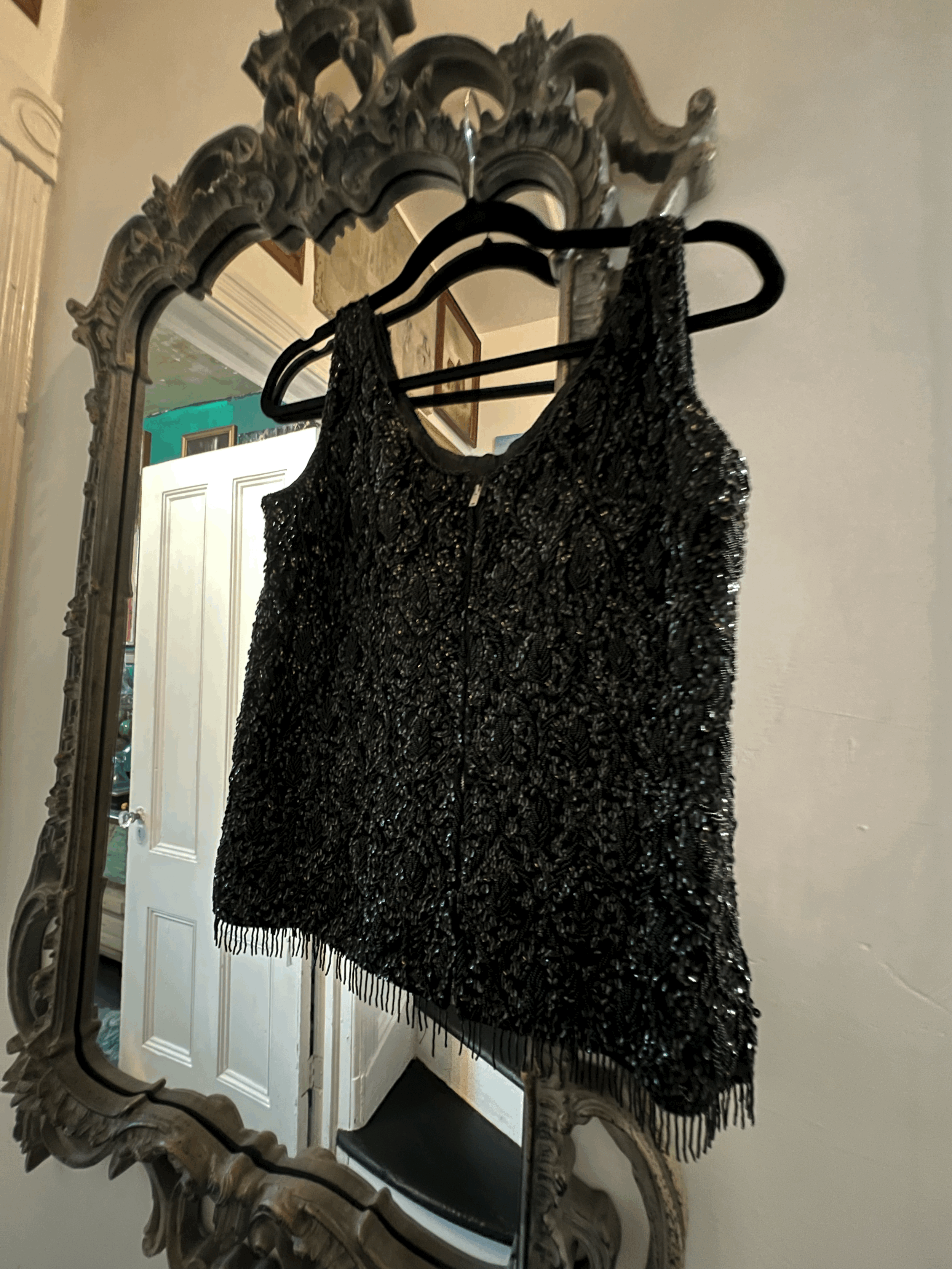 1950s Wool Black Sequin and Bead Encrusted Sleeveless Fringe Shell Sz 40 front