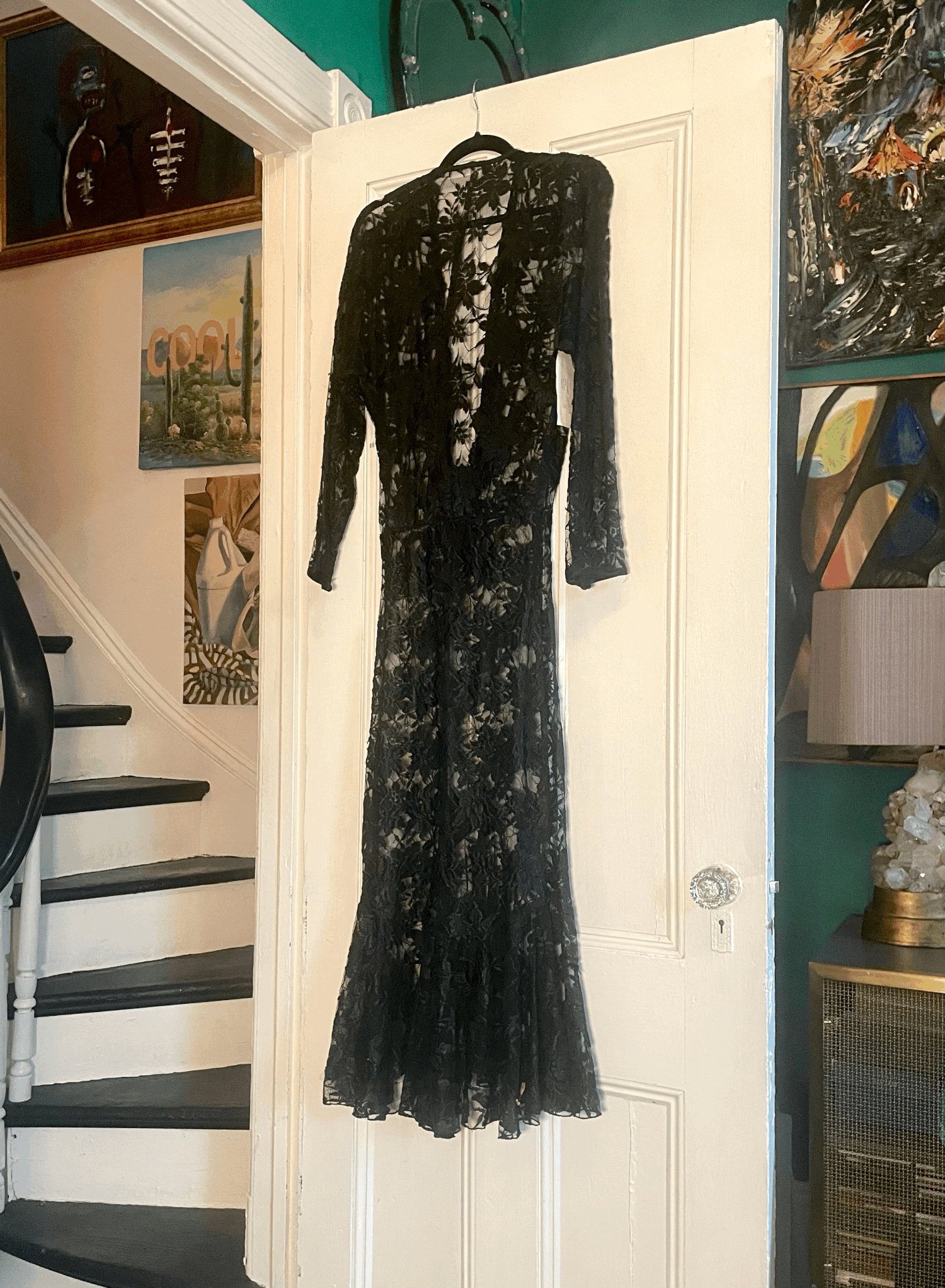 Vintage Black Lace Sheer Dress With Deep V Tie Back  ORNAMENTAL EXCESS