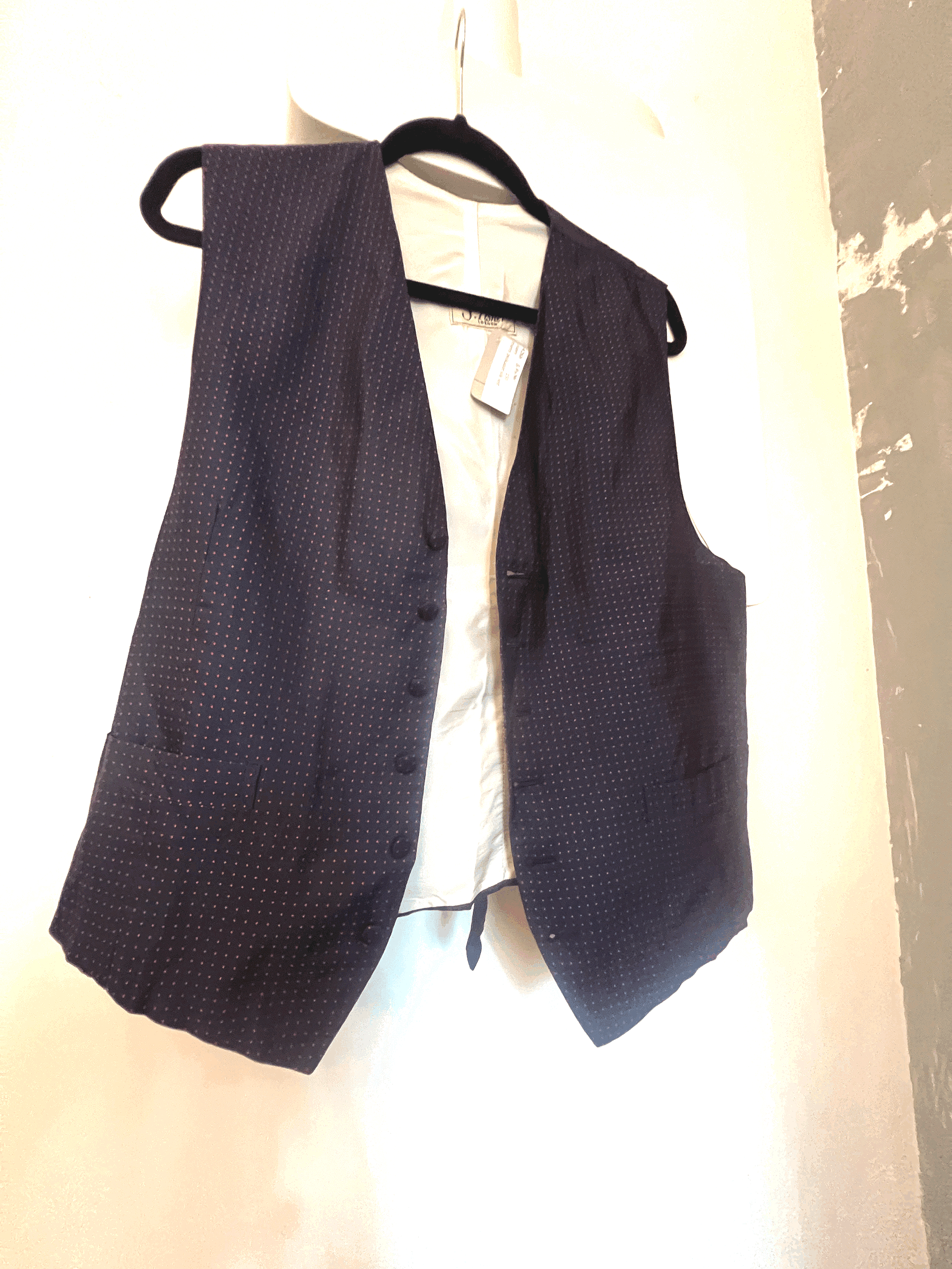 Vintage 40s-50s Mens S Fisher London Navy Dot Silk Vest Sz 42 front