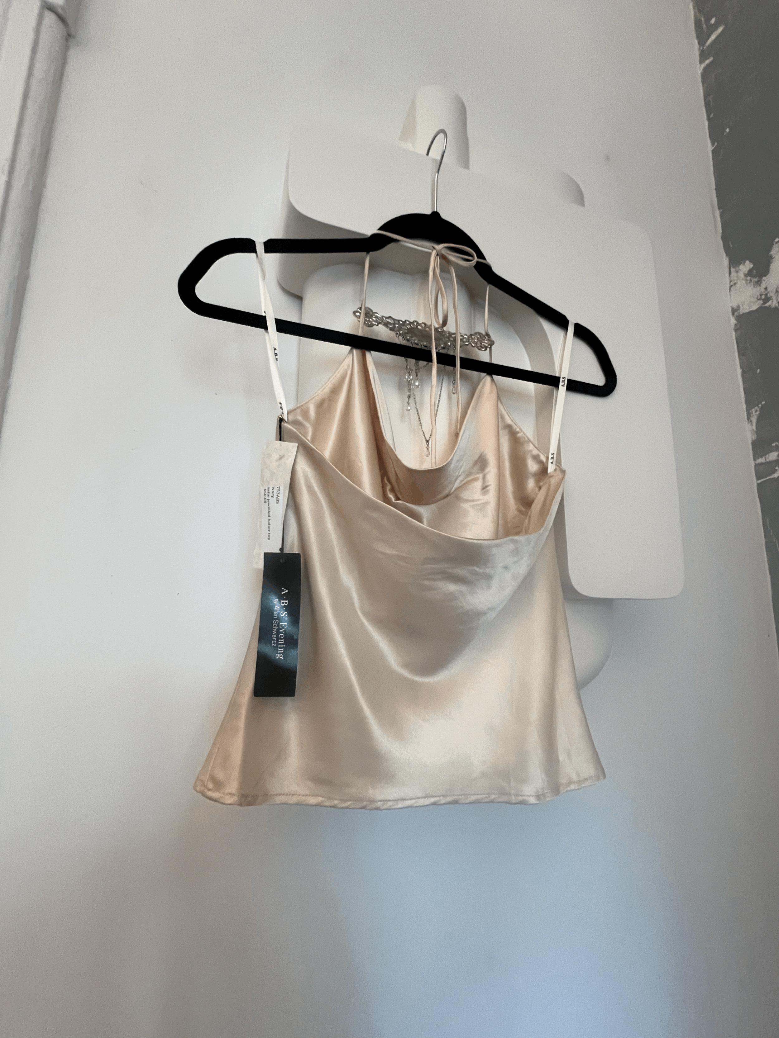 2000s ABS Allen Schwartz Ivory Satin Draped Camisole top with Rhinestone Jewels Sz 4 back