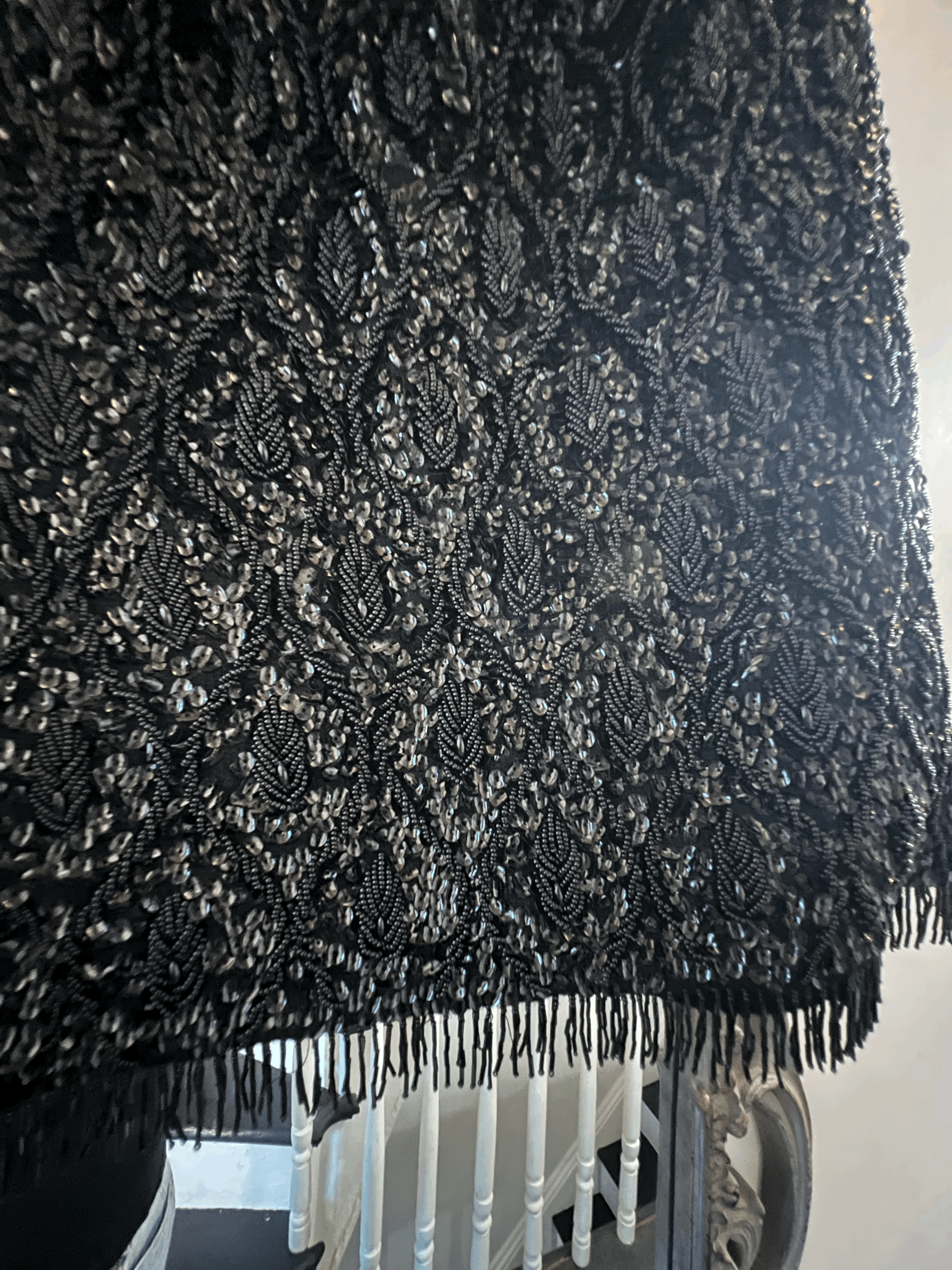 1950s Wool Black Sequin and Bead Encrusted Sleeveless Fringe Shell Sz 40 detail