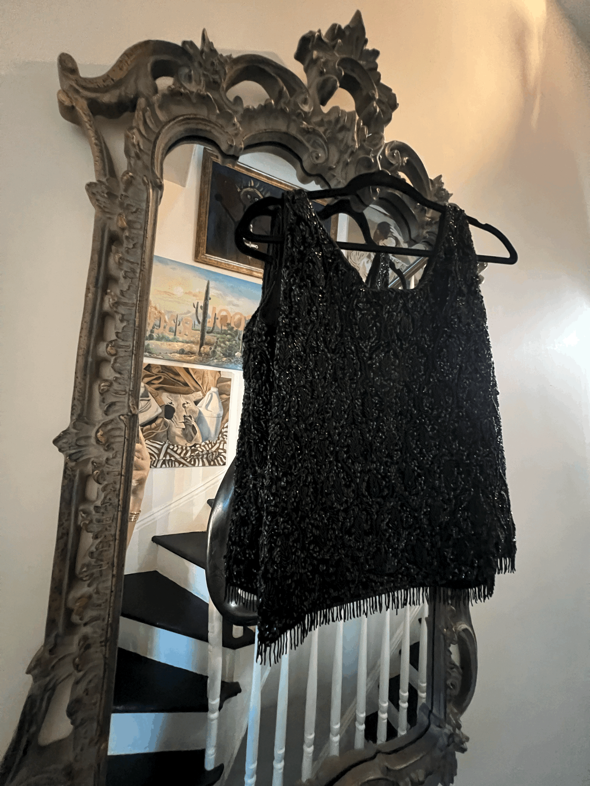 1950s Wool Black Sequin and Bead Encrusted Sleeveless Fringe Shell Sz 40 front