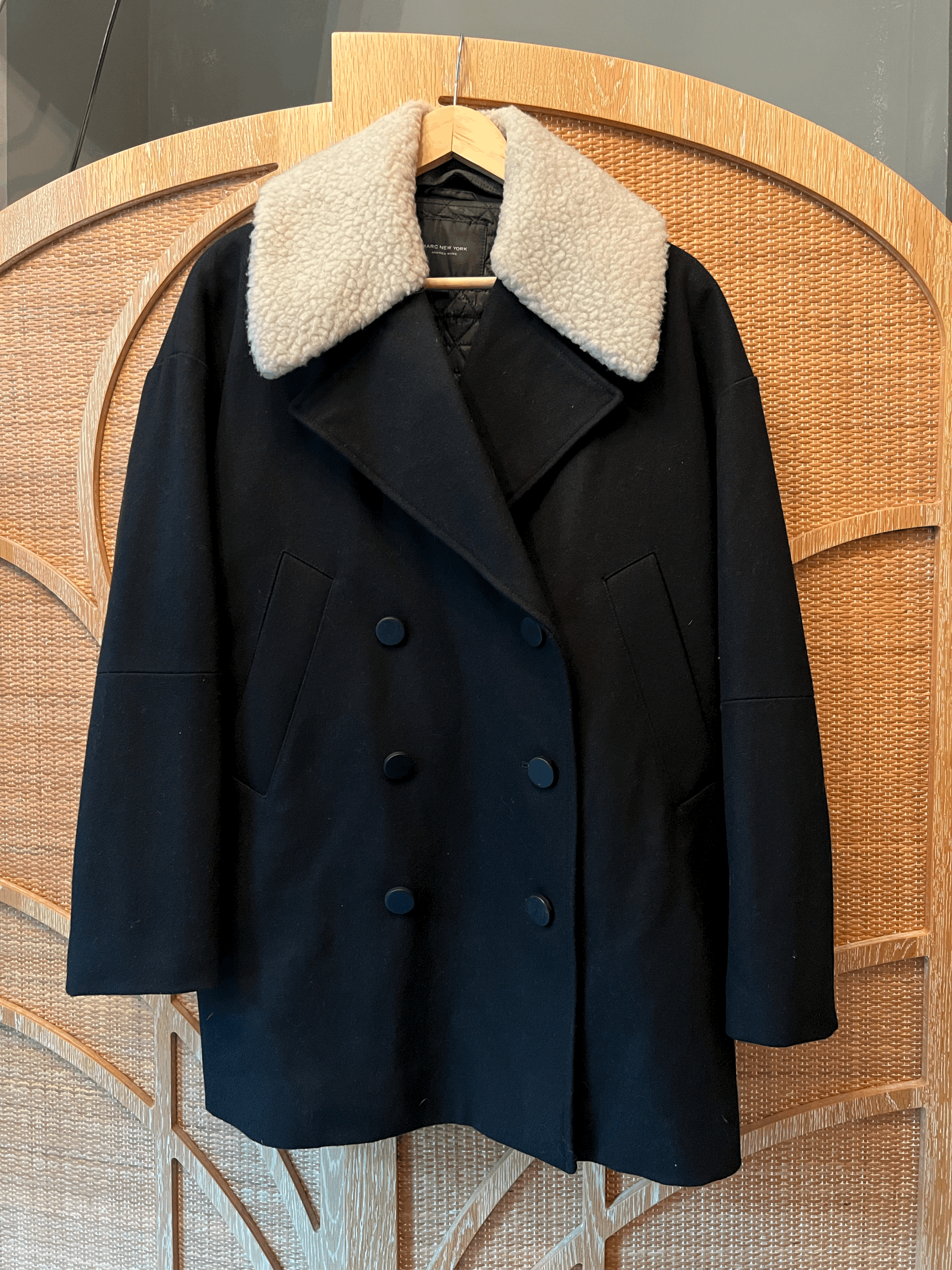 Marc New York Wool Double Breasted Cocoon Jacket with Removable Faux Shearling Collar