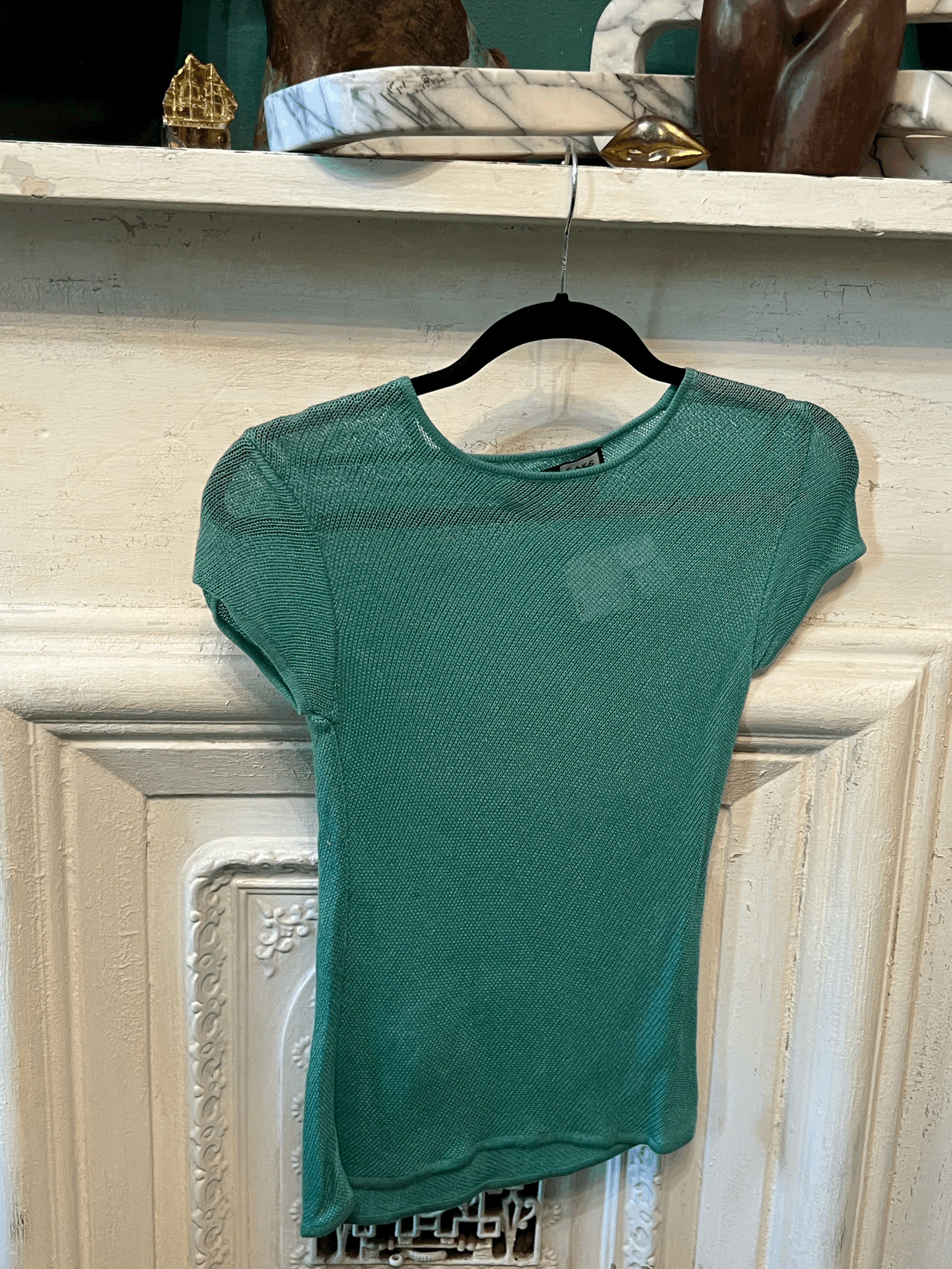 Y2K ASAP Saks Fifth Avenue Seafoam Silk Cashmere knit Tee Sz S front