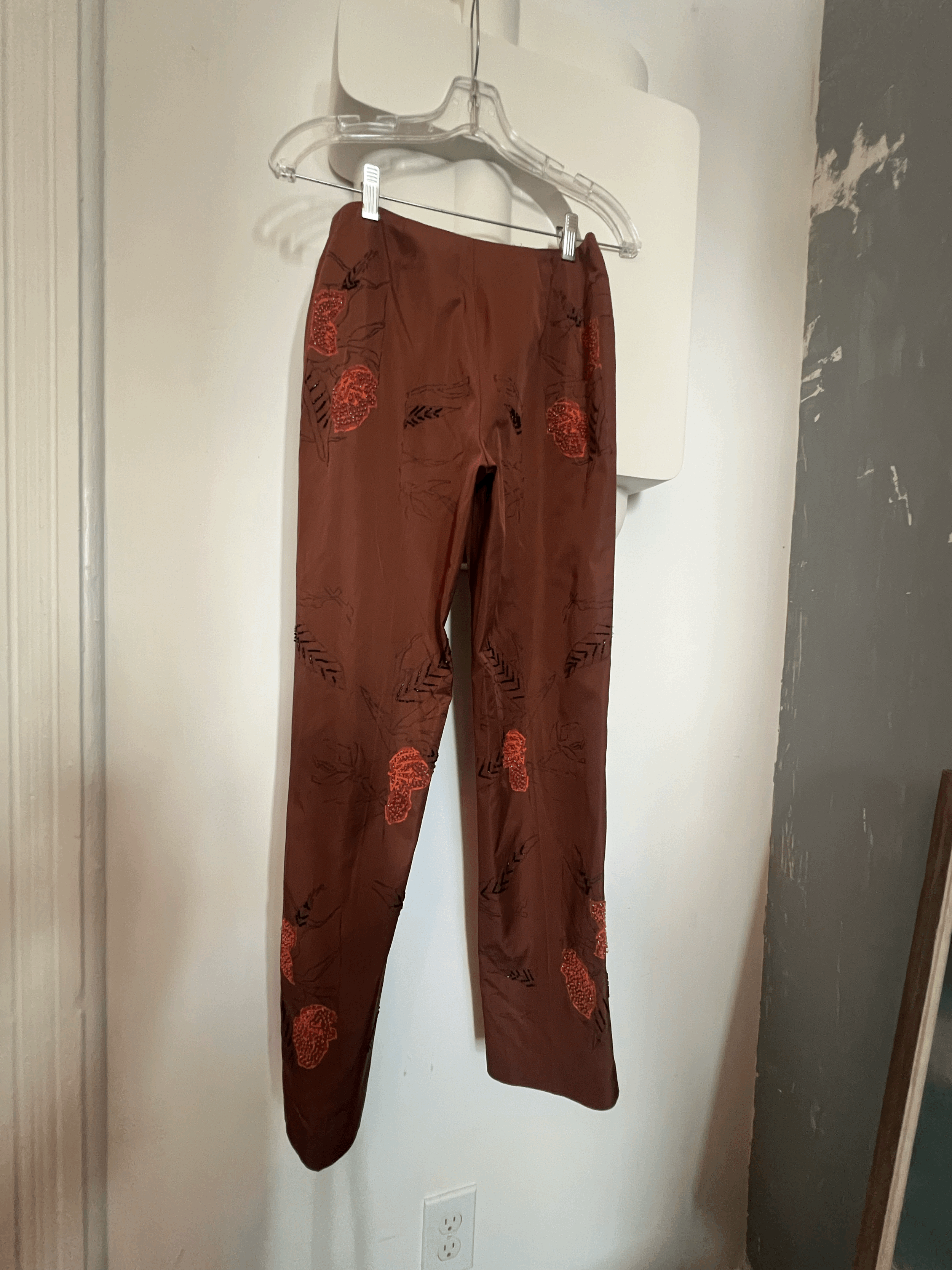 SS1999 Alberta Ferretti Runway Brown Silk Floral Trousers Y2K Sz 6 40