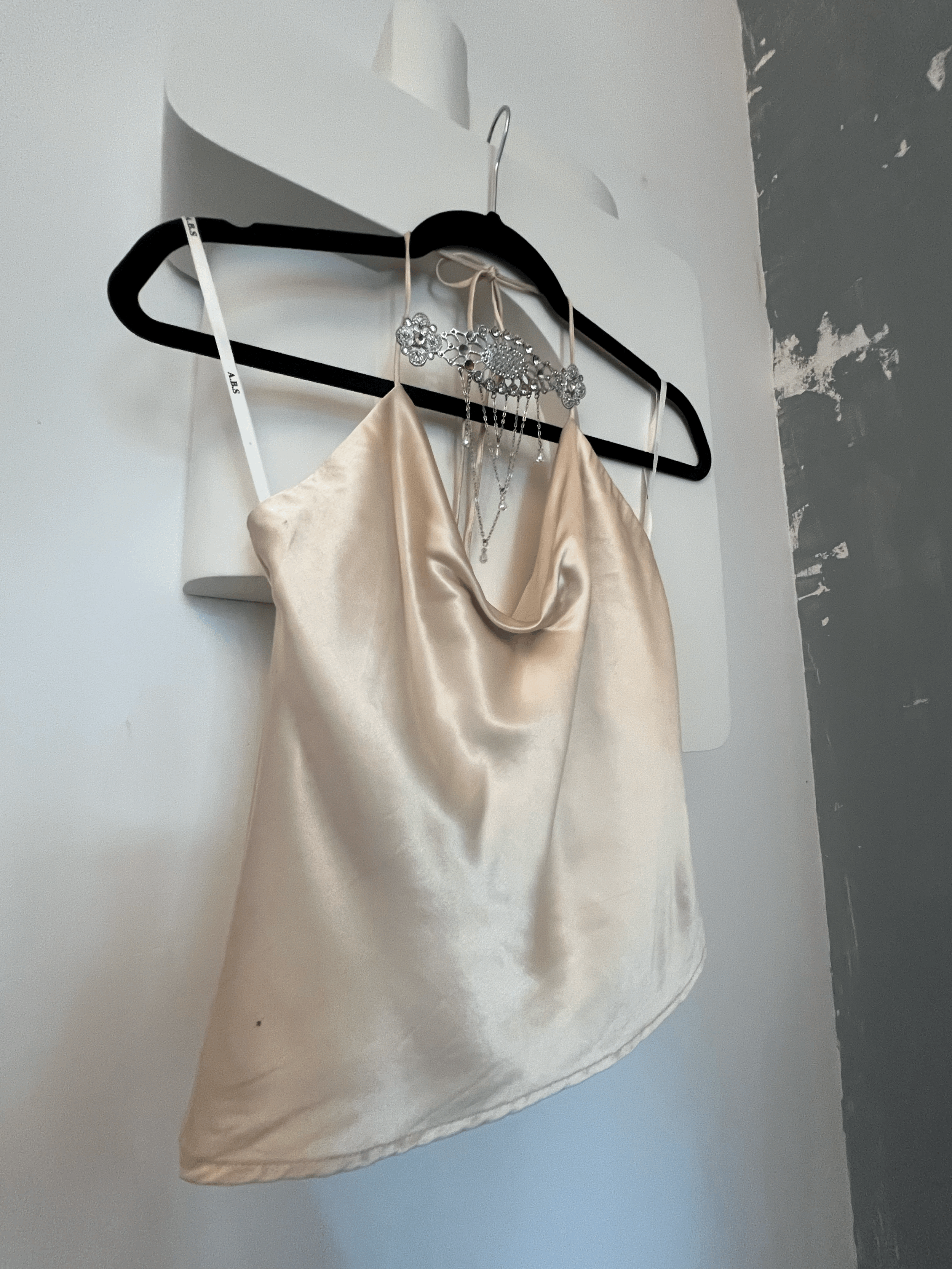 2000s ABS Allen Schwartz Ivory Satin Draped Camisole Halter top with Rhinestone Jewels  Chloe ss2000 runway front