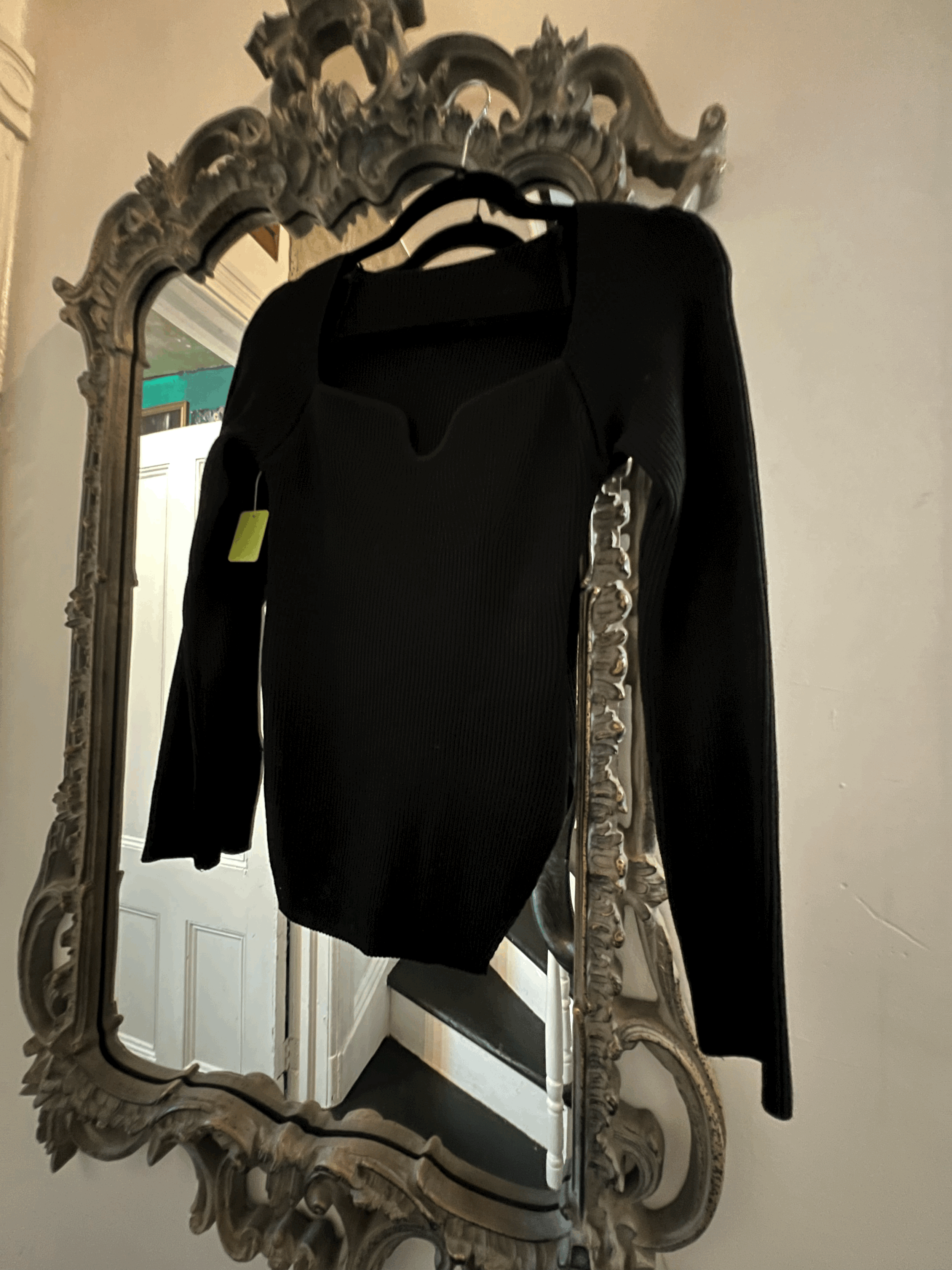 Edit Black Sweetheart Ribknit Sweater with shaped hem Sz M front