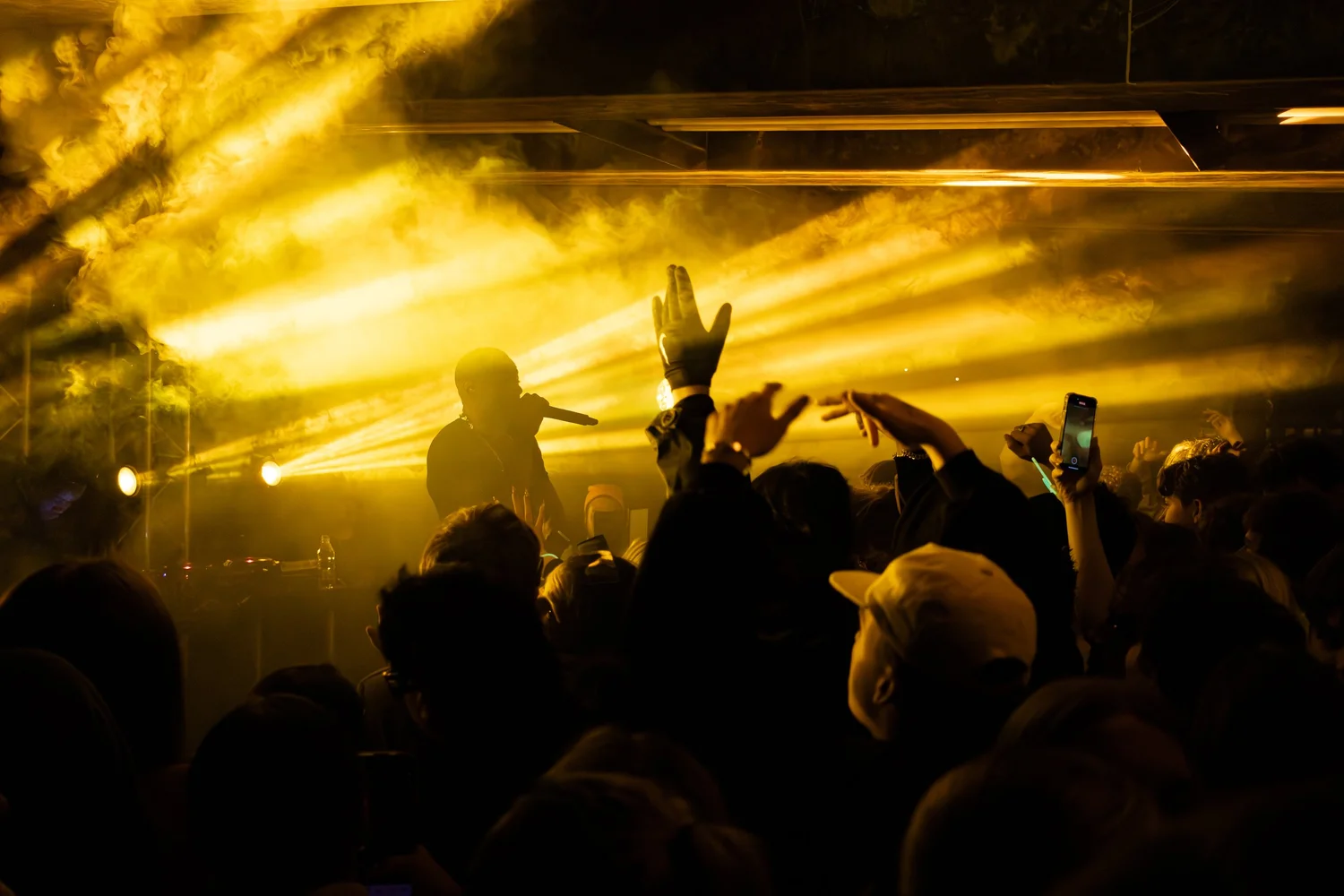 Flowdan performing through golden stage light