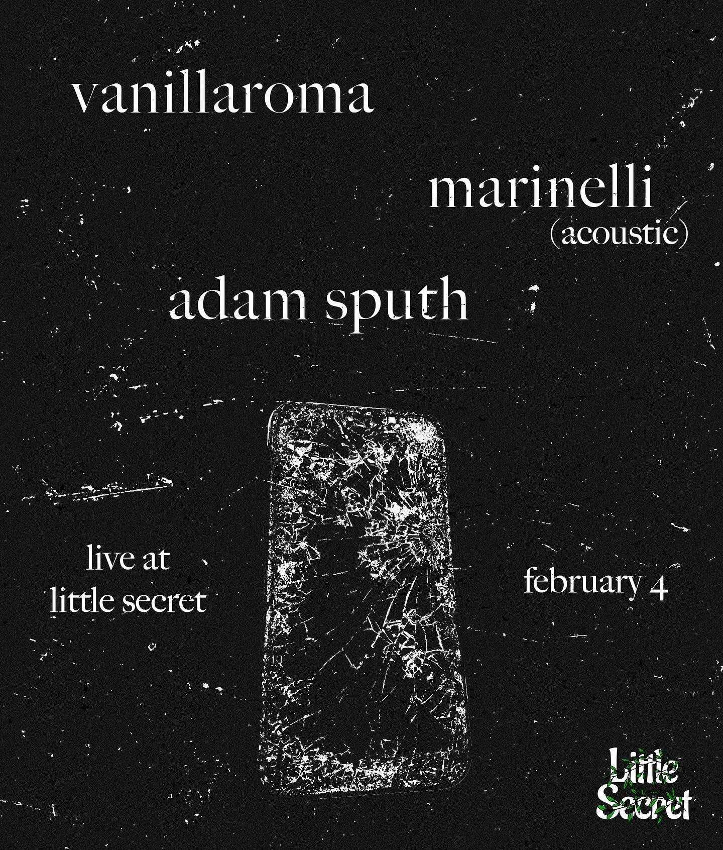 Saturday, feb 4 at @littlesecret_la : @marinelli @fuckadamsputh &amp; @vanillaromaband 📱 

7pm doors 
8pm show
10pm-LATE afterparty 📱📱📱

guest speaker is @dsa_la 

tix in bio 📱

21+. central Hollywood. exact address released in Fanimal email abo
