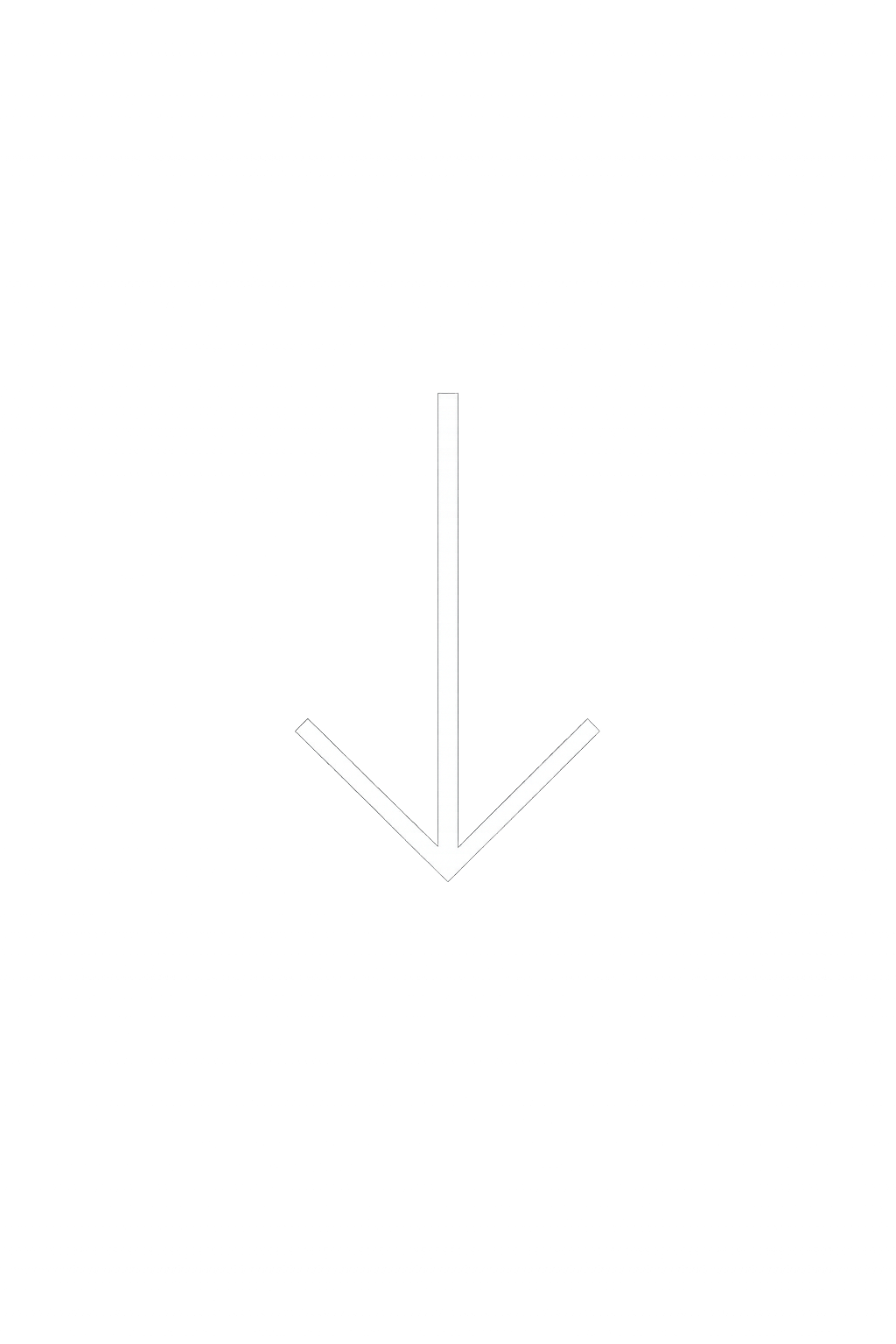 A large white arrow pointing downward with a white outline on a black background, guiding visitors to scroll down.