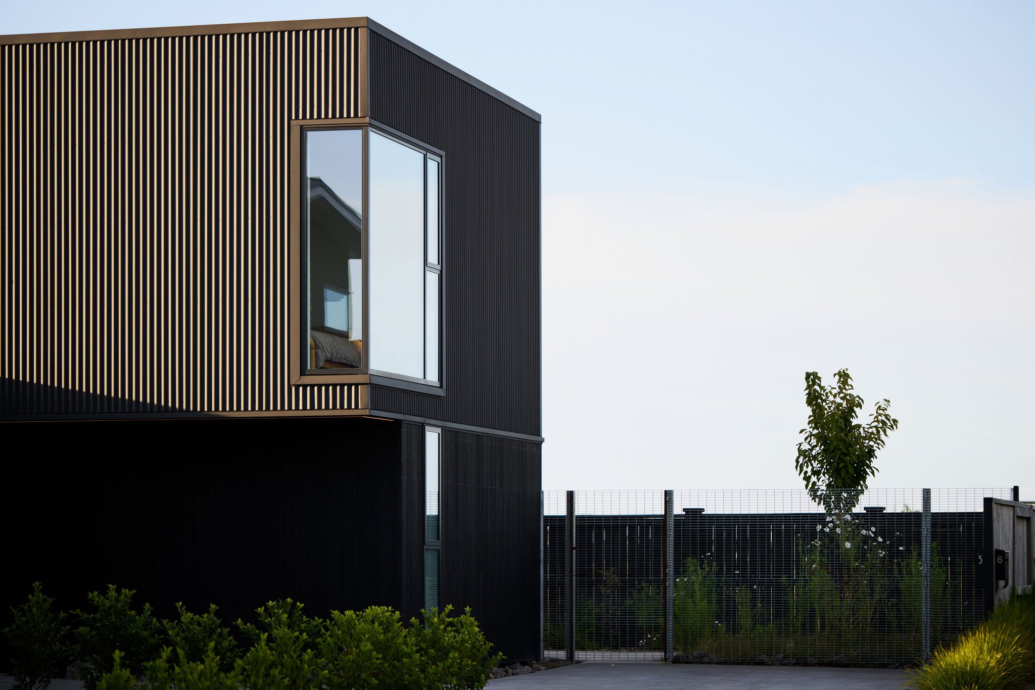 Modern building with black vertical siding and large window reflecting a neighboring structure, surrounded by a tree, greenery, and a metal fence under a clear sky.