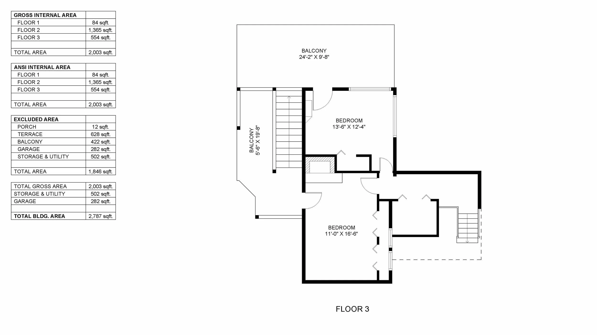 Floor plan of the third floor showing two bedrooms, a balcony, and stairs.
