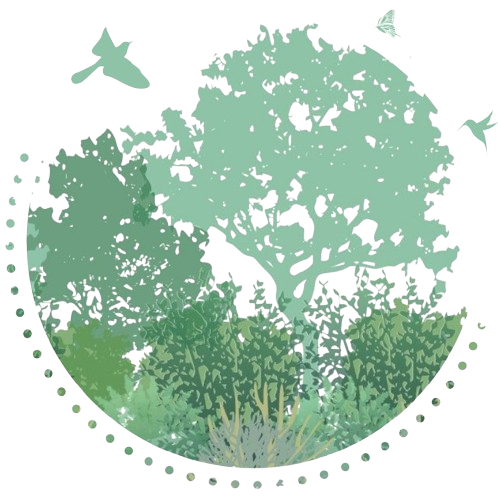 Graphic image of a large tree, small tree, and a variety of bushes and shrubs with a bird, hummingbird, and butterfly flying around it