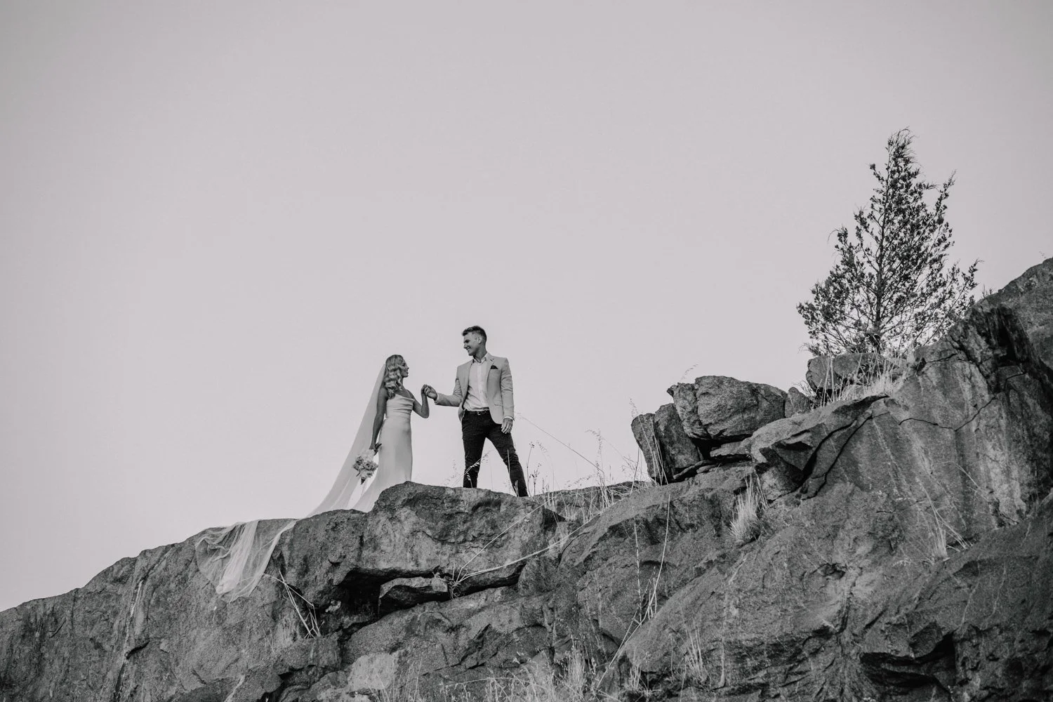 A black and white photo of a bride and groom standing on a rocky ledge outdoors, holding hands, with a clear sky and a single tree in the background.