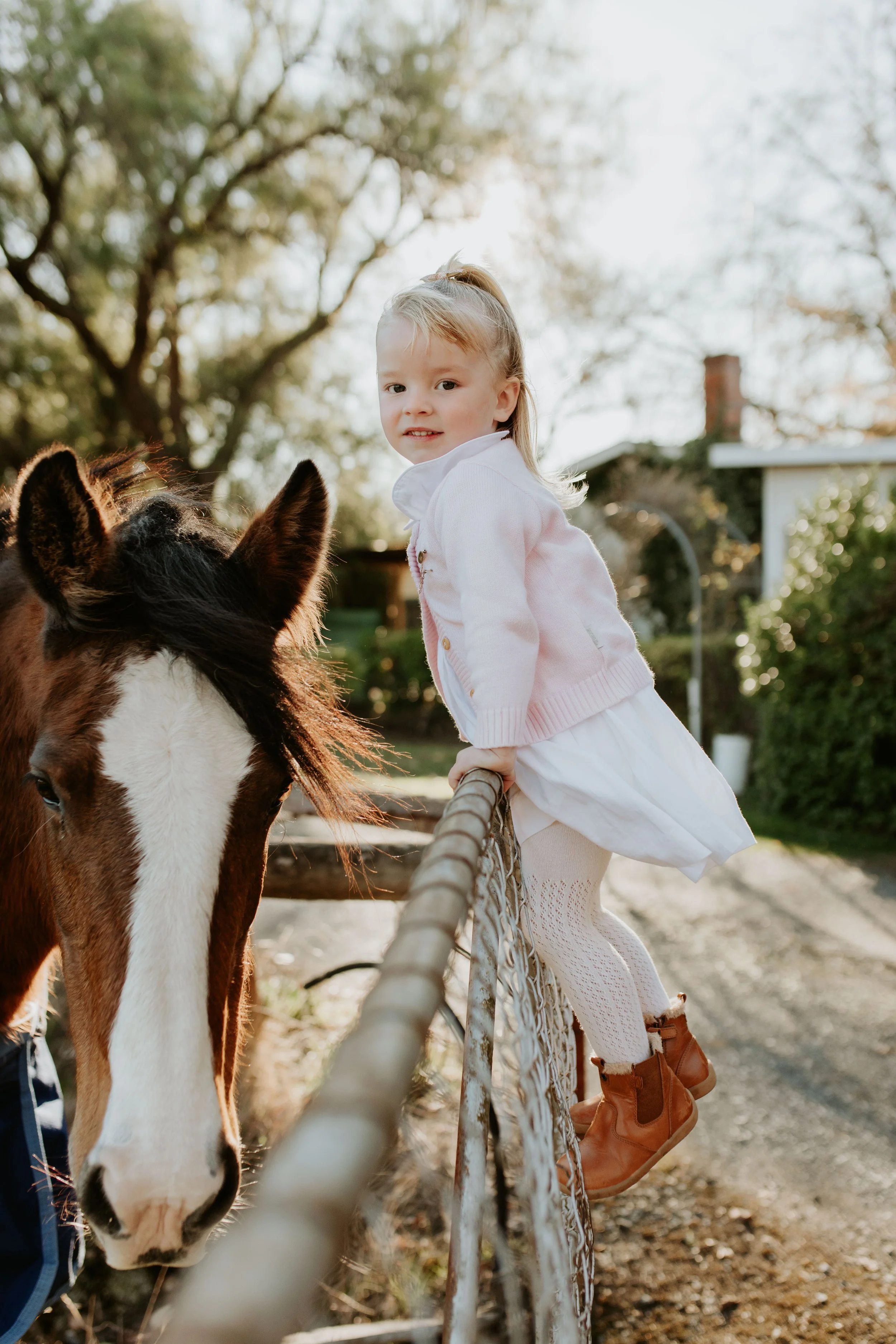 A young girl wearing a pink cardigan, white dress, patterned tights, and tan boots standing on a fence, leaning over to pet a brown and white horse in an outdoor setting with trees and a house in the background.