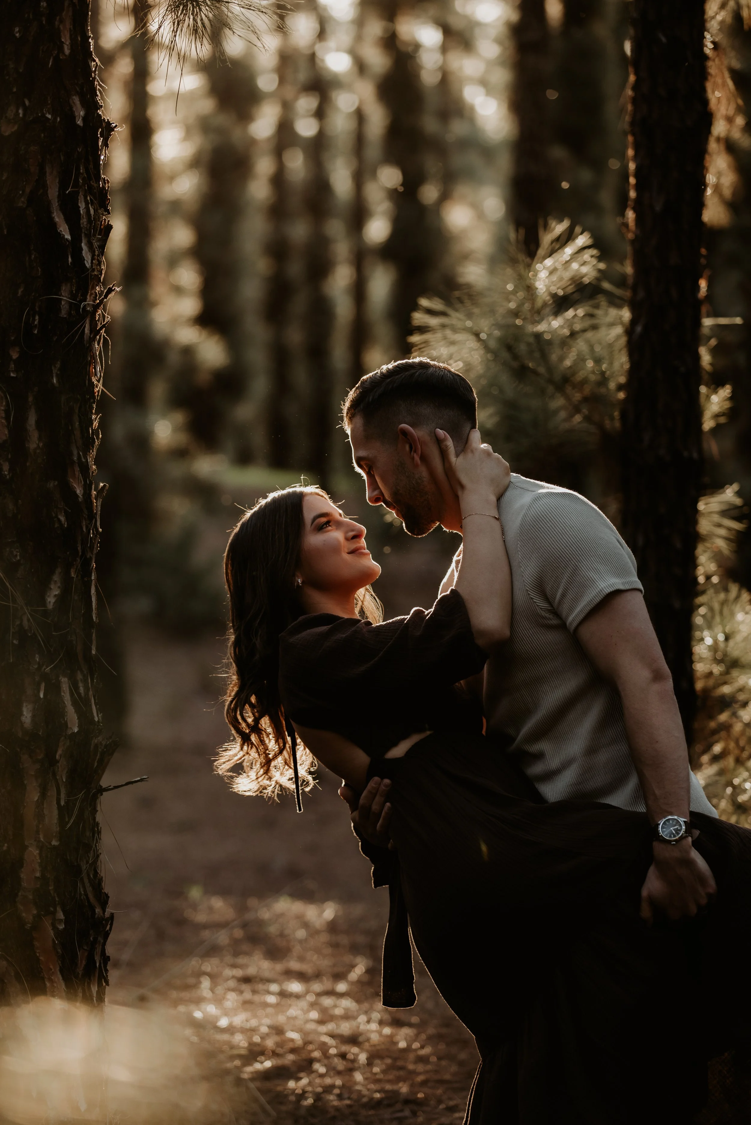 A couple embracing in a forest during sunset, with sunlight filtering through tall trees in the background.