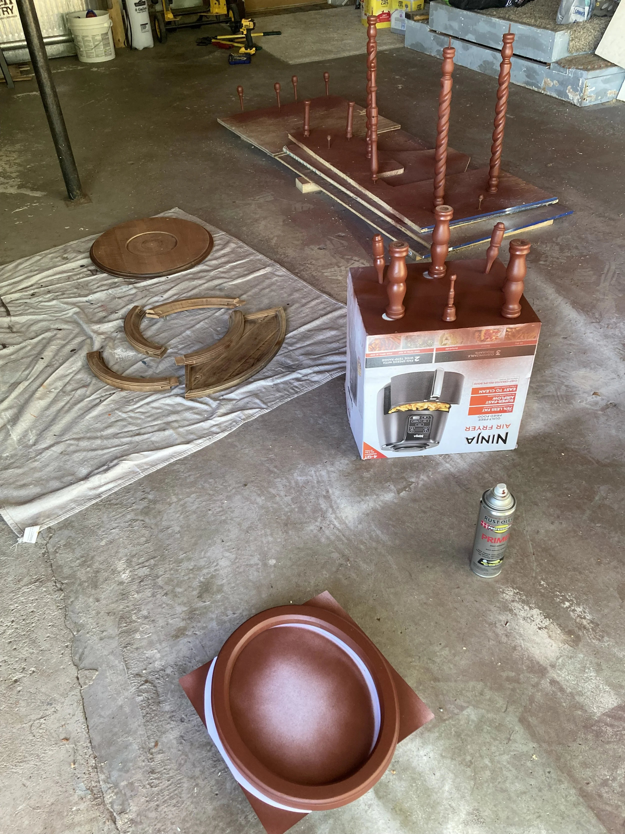 Pieces during the priming process. We do apologize for painting it, but it was already damaged, which took away its value.