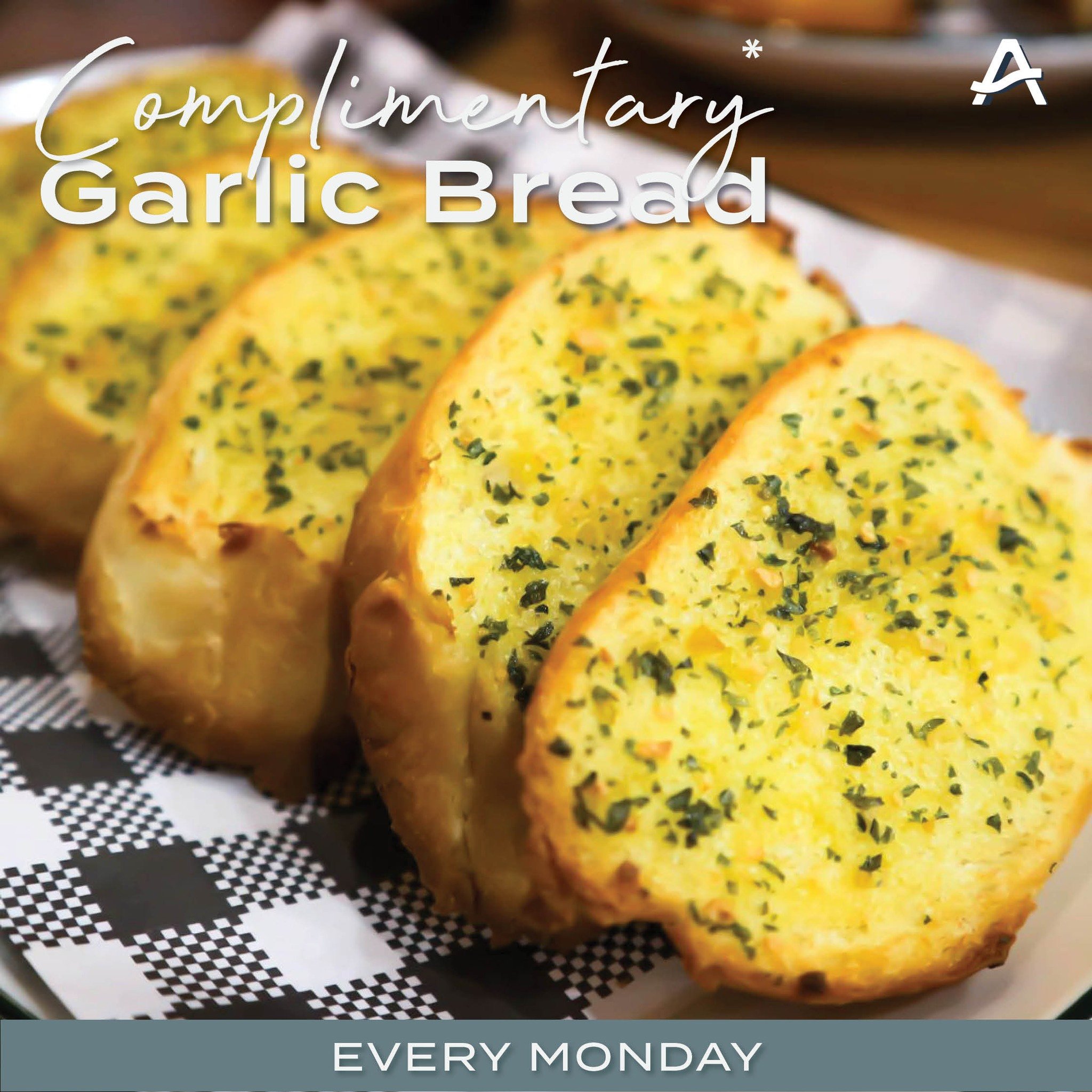 Treat yourself to a delicious meal and taste the extra goodness of garlic bread ON US! 😋

Enjoy a complimentary serve of garlic bread with any single meal purchase over $25!

Available all day from 11:30am to 8:30pm

#MondaySpecial #GarlicBreadTreat